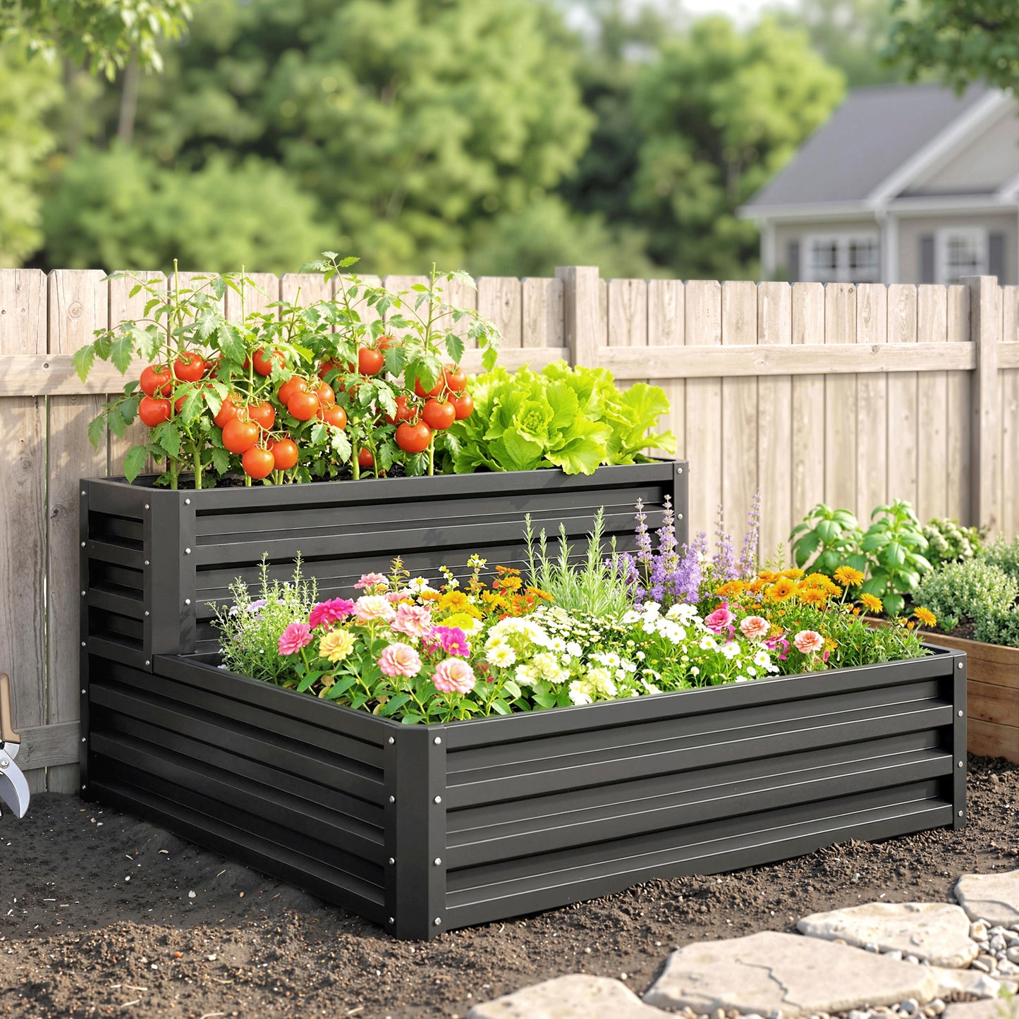 2 Tier Raised Garden Bed, Galvanised Planter Box with Open Bottom