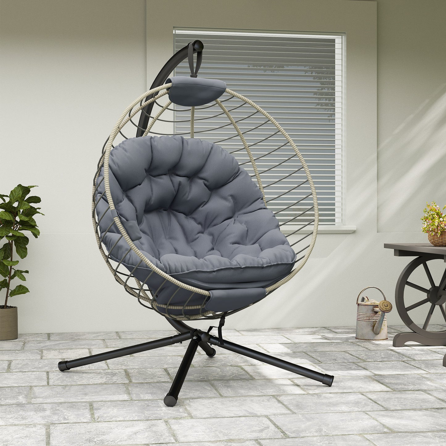 PE Rattan Swing Chair, Outdoor Hanging Chair with Metal Stand