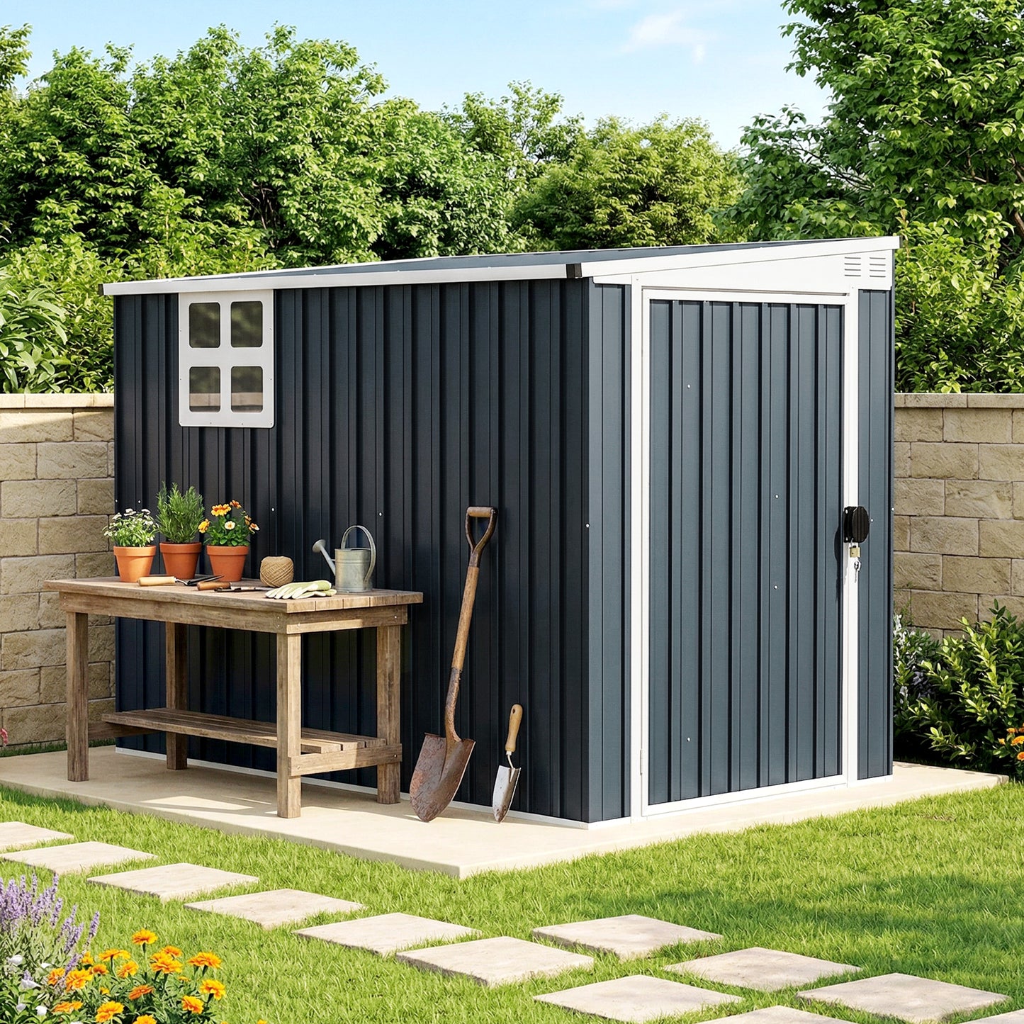 7.6 x 4ft Garden Metal Shed, Outdoor Storage Shed with Window