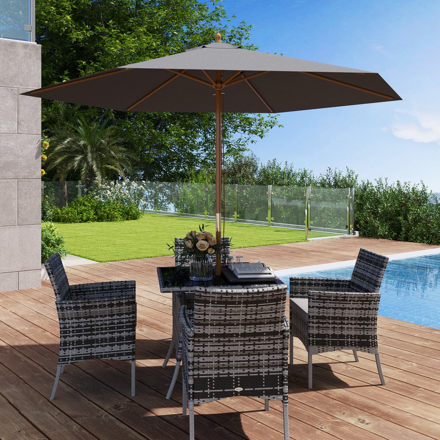 2.5m Wood Garden Parasol Sun Shade Patio Outdoor Wooden Umbrella