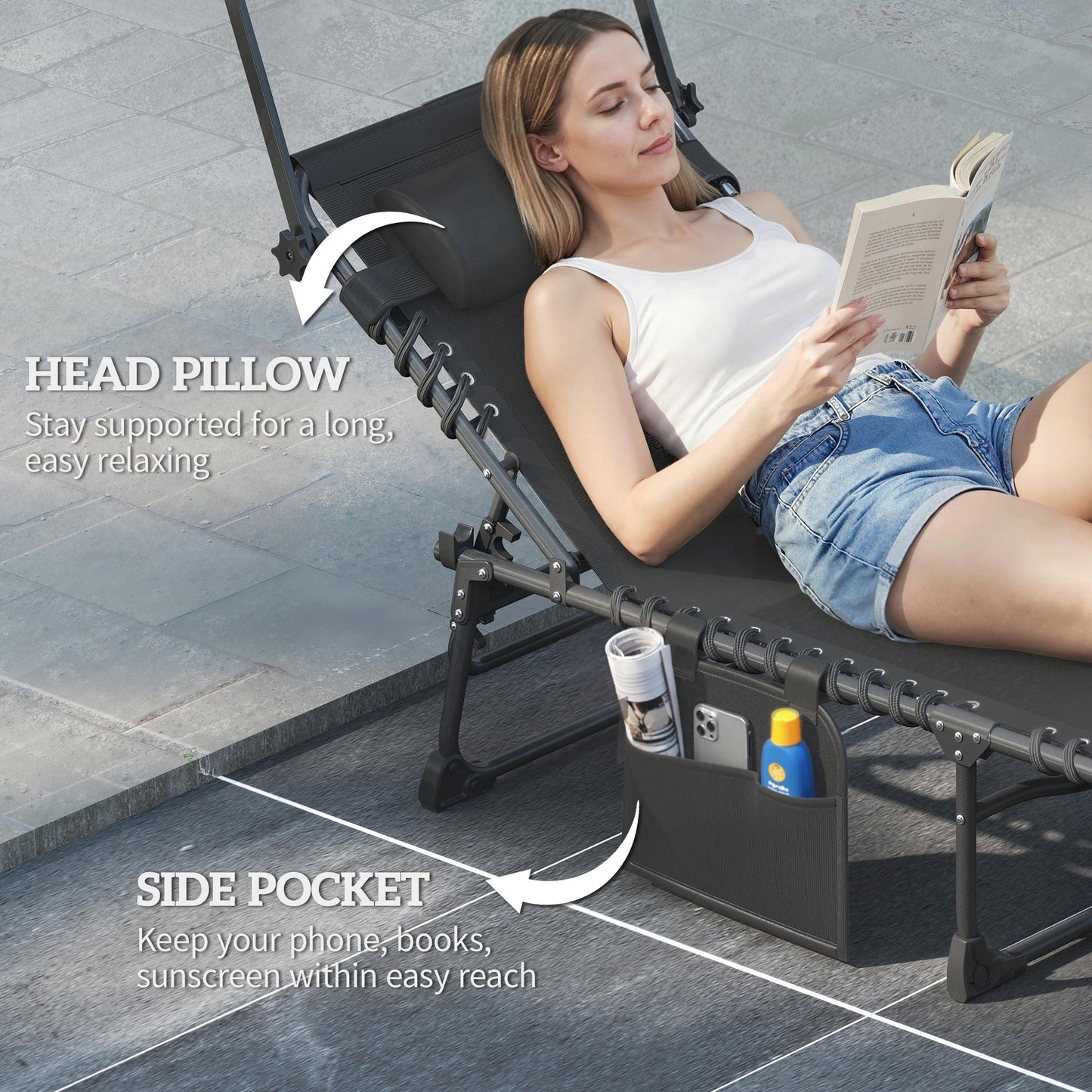 Folding Sun Loungers Set of 2 with Canopy