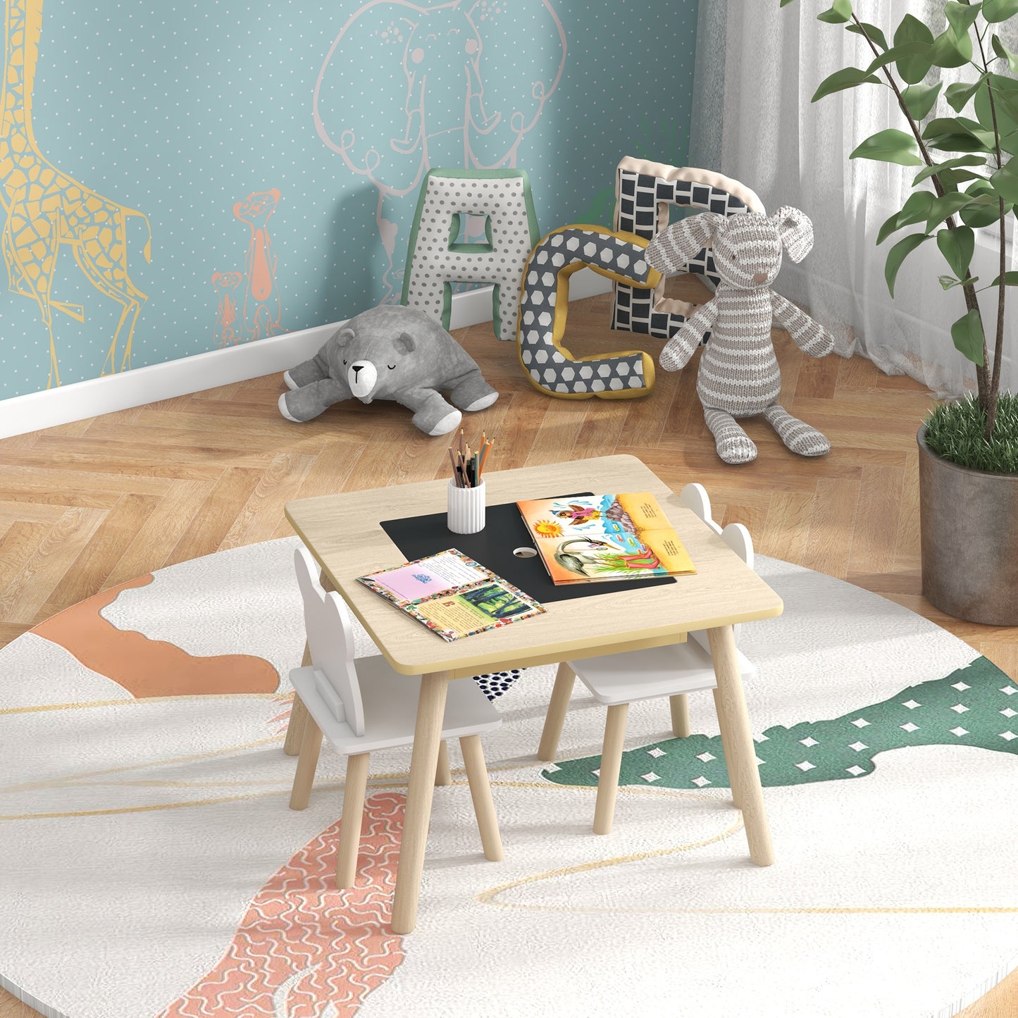 3-Piece Kids Table and Chairs Set with Convertible Desk