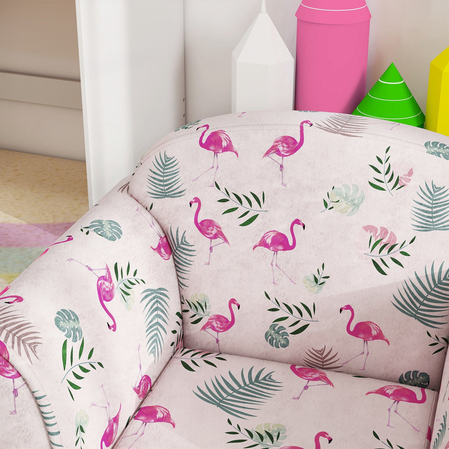 Kids Armchair with Flamingo Design, Wooden Frame, for Bedroom