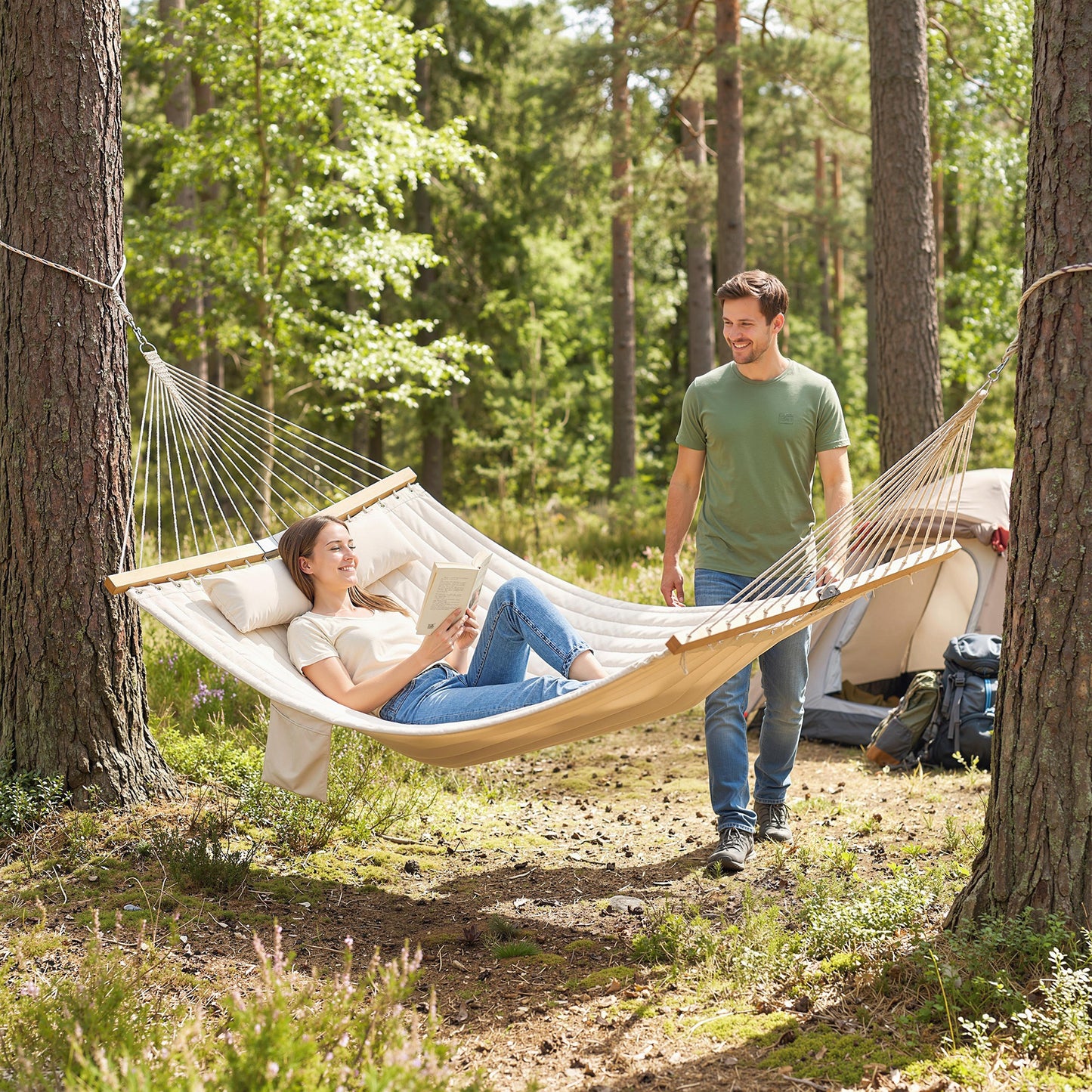 Double Hammock 2 Person Swing Bed with Spreader Bars, Pillows, Pad