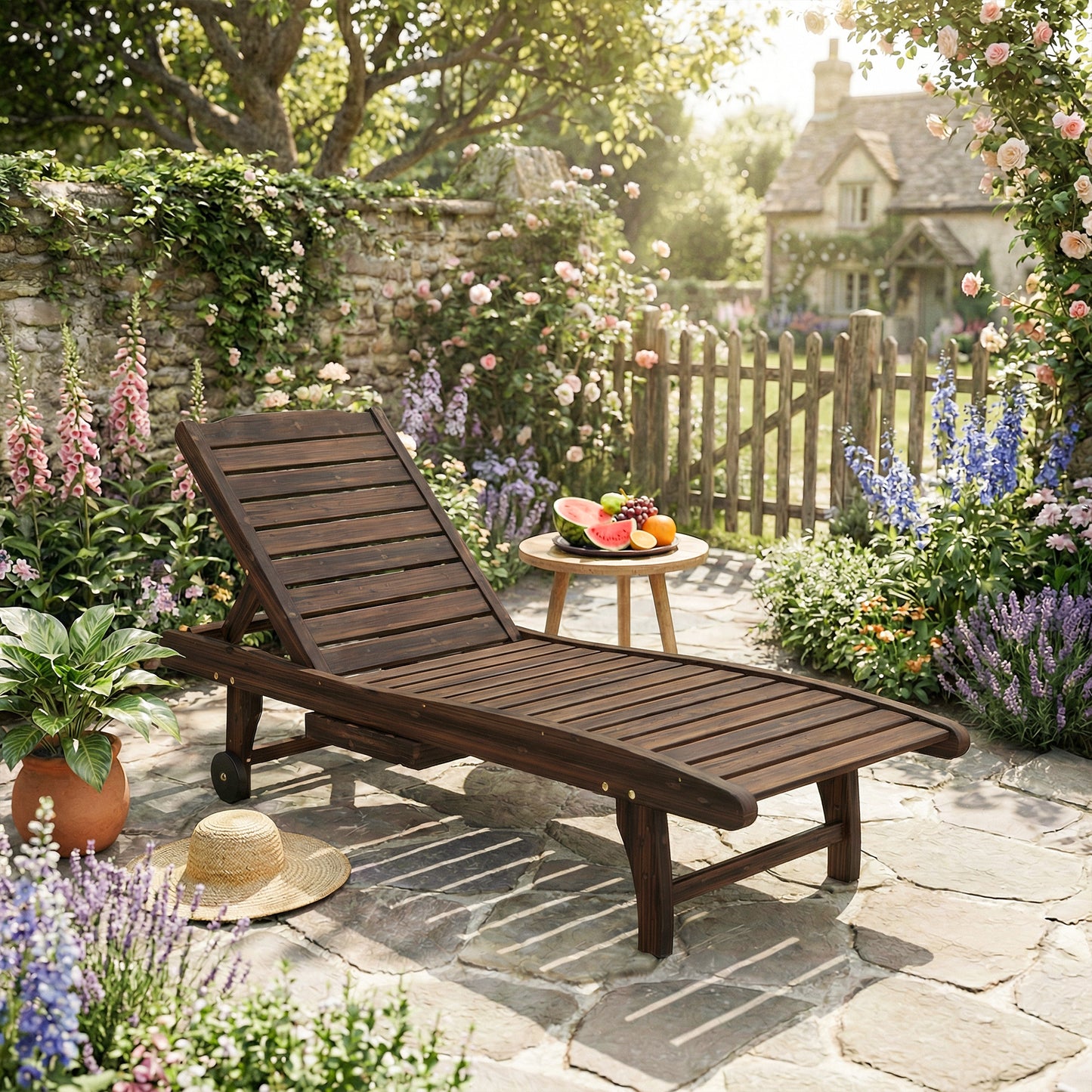 Outdoor Wooden Sun Lounger with Built-In Table