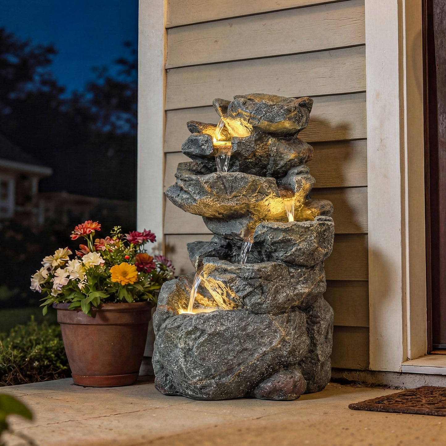 Outdoor Water Fountain with 6-Tier Rock Style