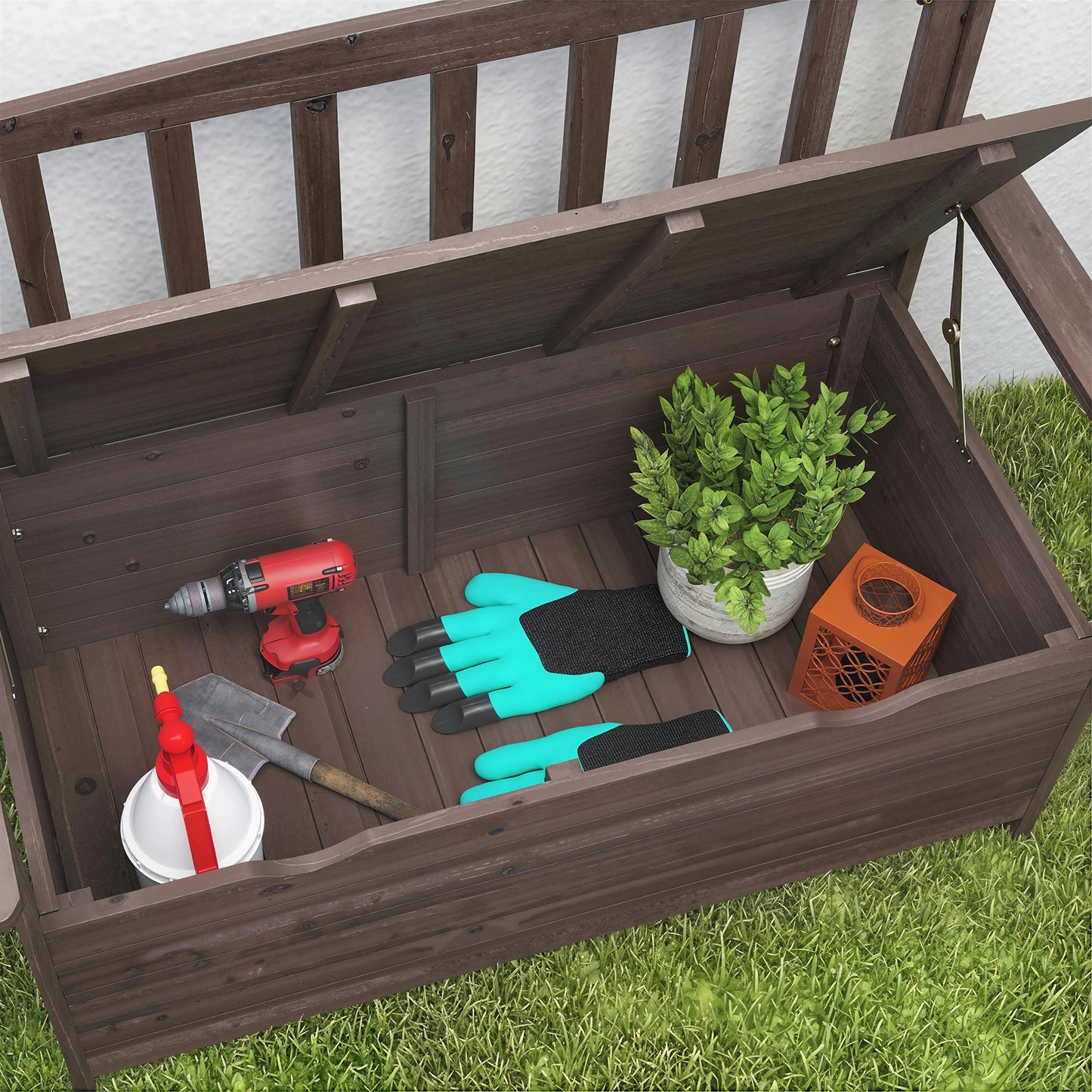 Outdoor 2 Seater Garden Bench, Wooden Bench with Storage, Backrest