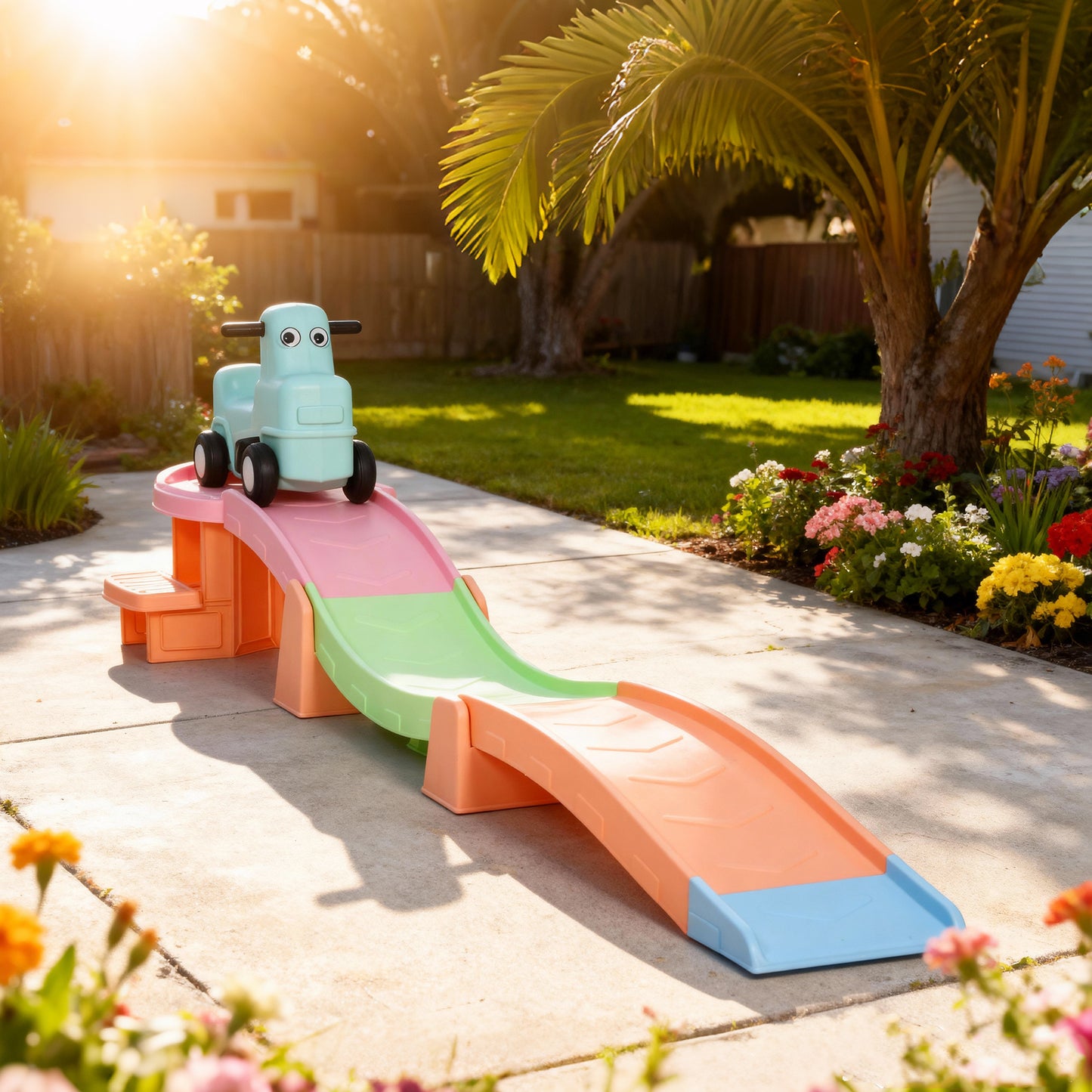 3(m) Four-Piece Ride on Kids Roller Coaster w/ Non-Slip Steps