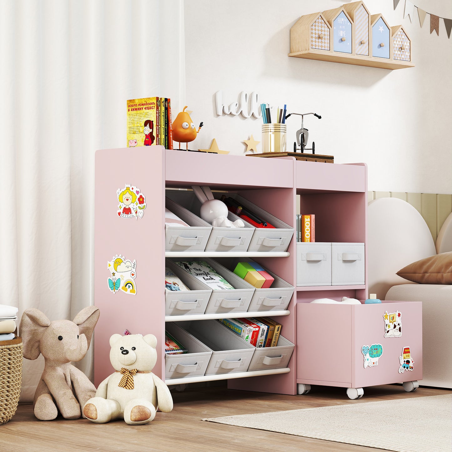 Kids Toy Storage Unit with 11 Bins, Cabinet, Top Shelves, 3 Stickers