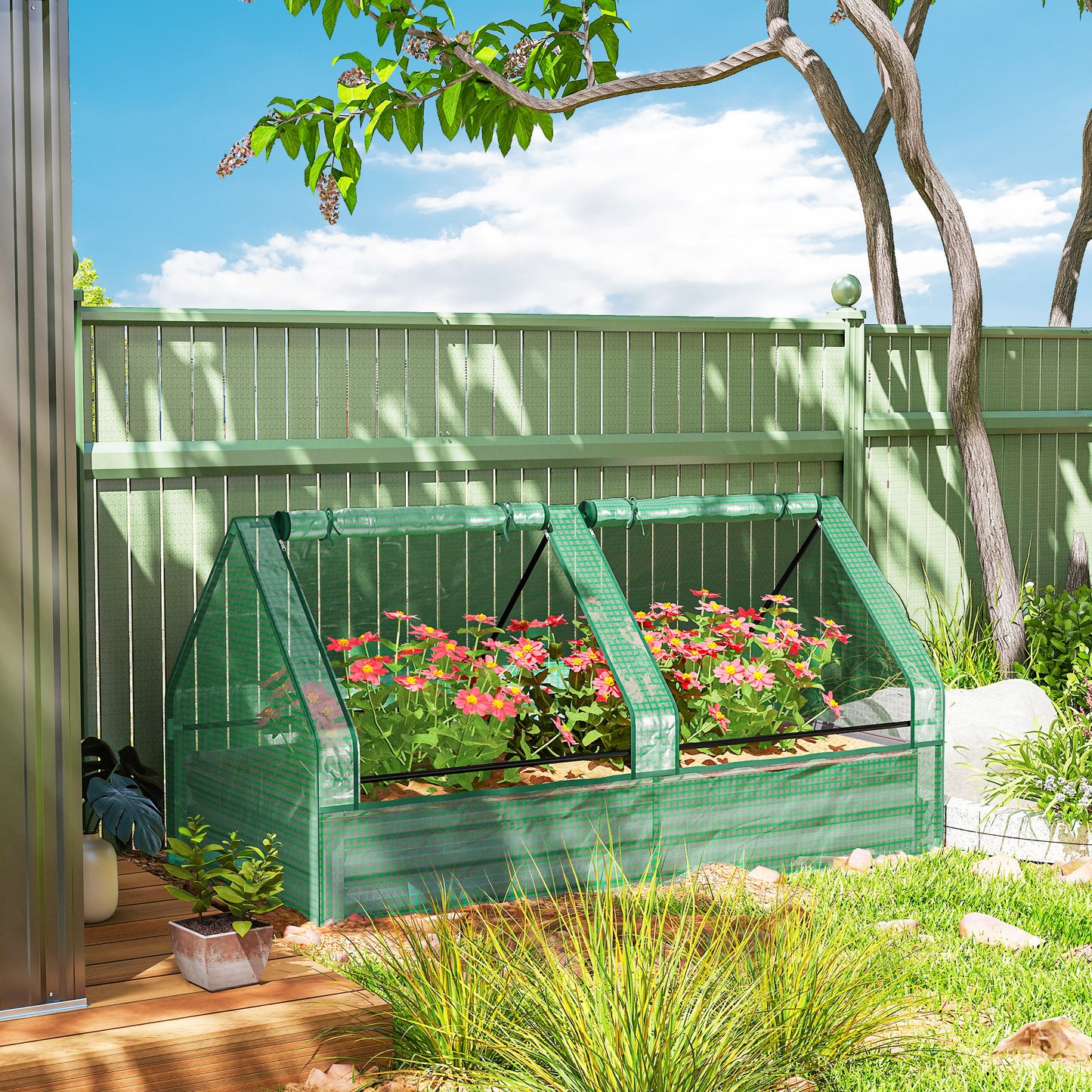 Metal Planter Box with Cover, Raised Garden Bed with Greenhouse