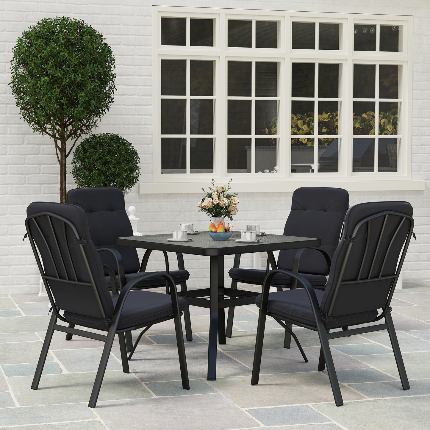 5 Pieces Outdoor Square Garden Dining Set w/ Tempered Glass Dining