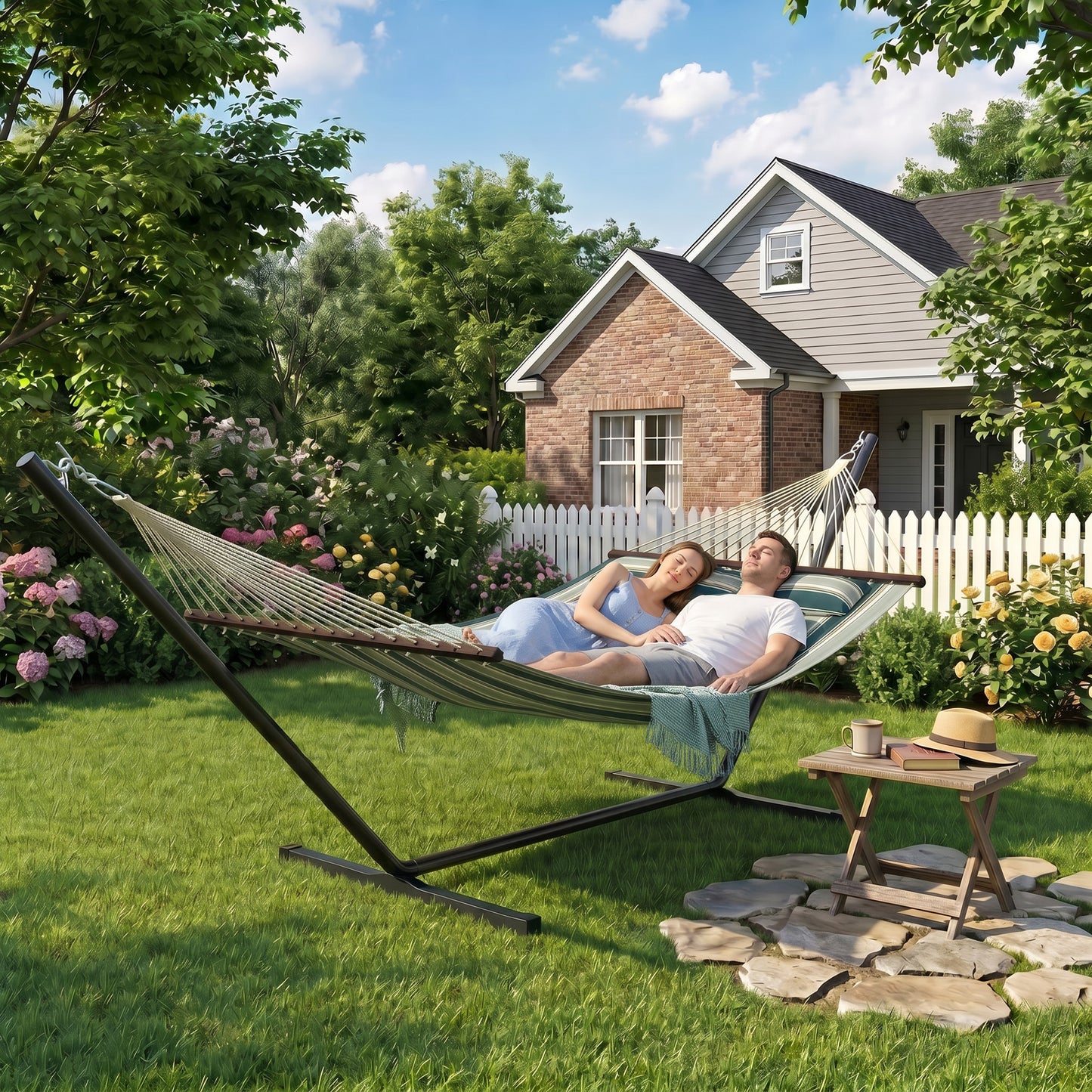 Outdoor Hammock with Stand Detachable Pillow Striped Swing Steel