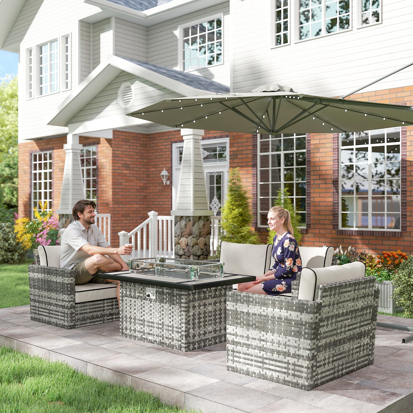 5-Piece Rattan Patio Furniture Set with Gas Fire Pit Table
