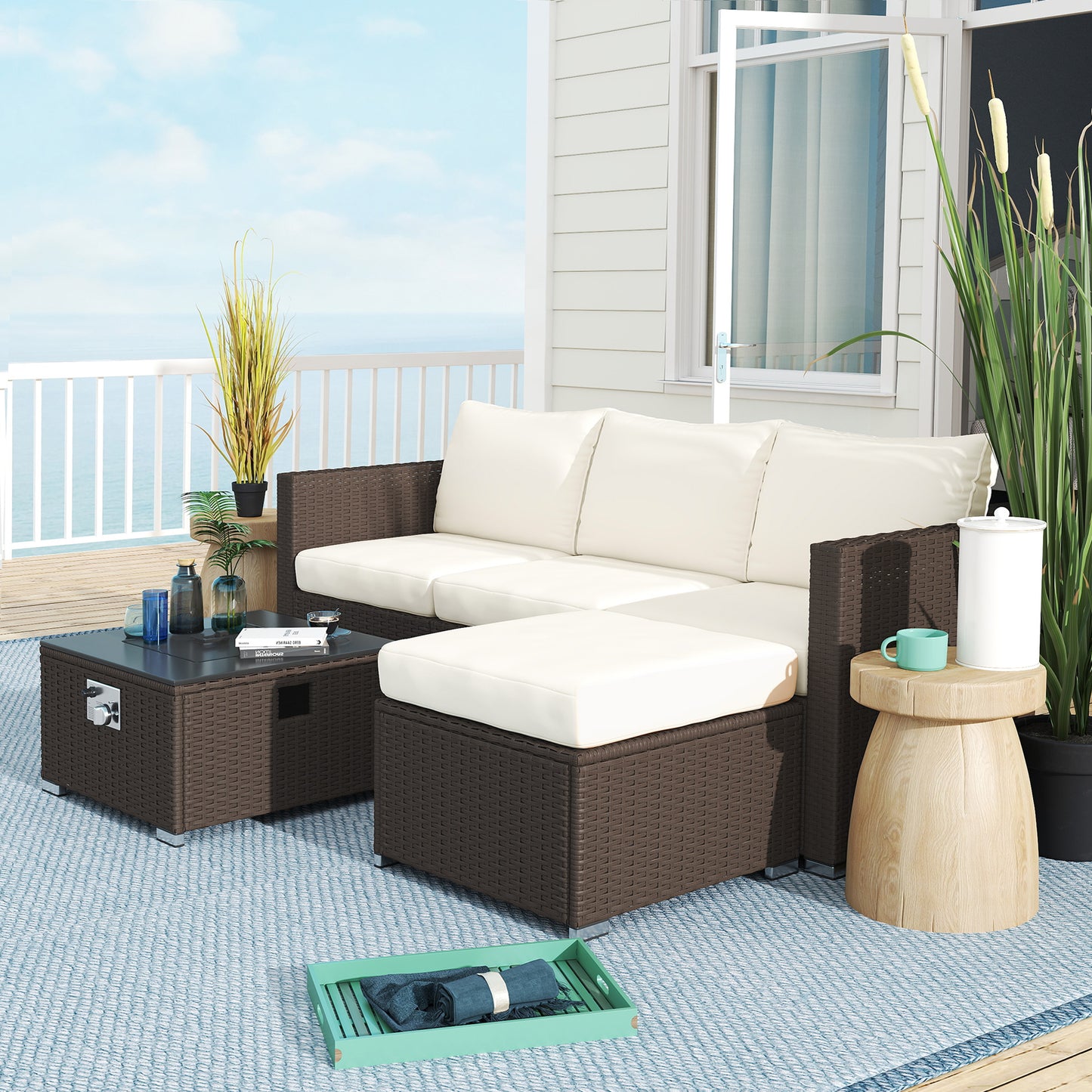 Five Piece Rattan Garden Furniture Set with Gas Fire Pit Table (1)