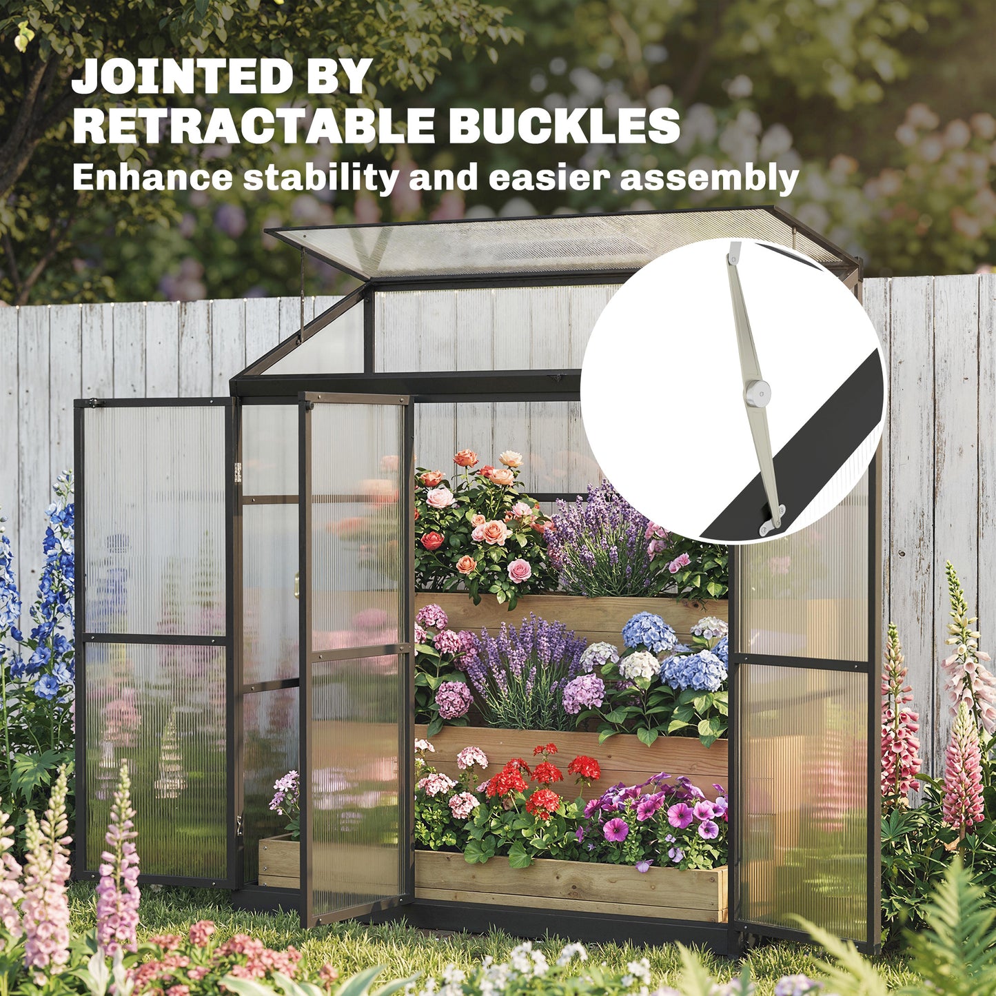 Polycarbonate Greenhouse with 3 Hinged Doors, Top Vent