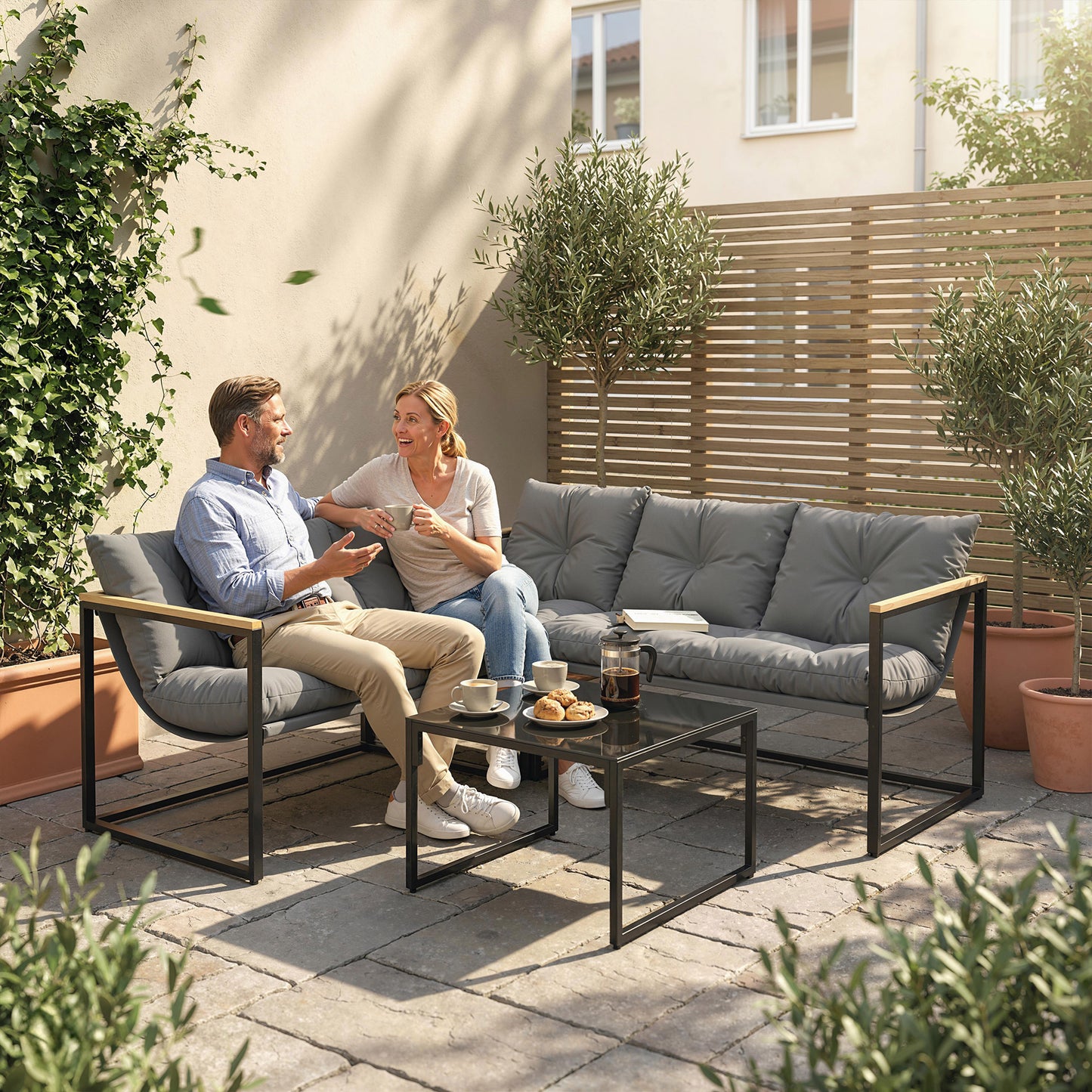 4 Piece Garden Furniture Set with Thick Cushions and Coffee Table