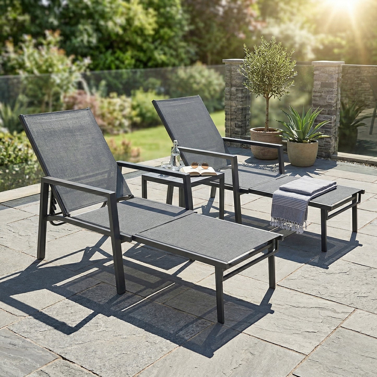 Sun Loungers Set of 2 Retractable Footrest 5-Position Adjustable