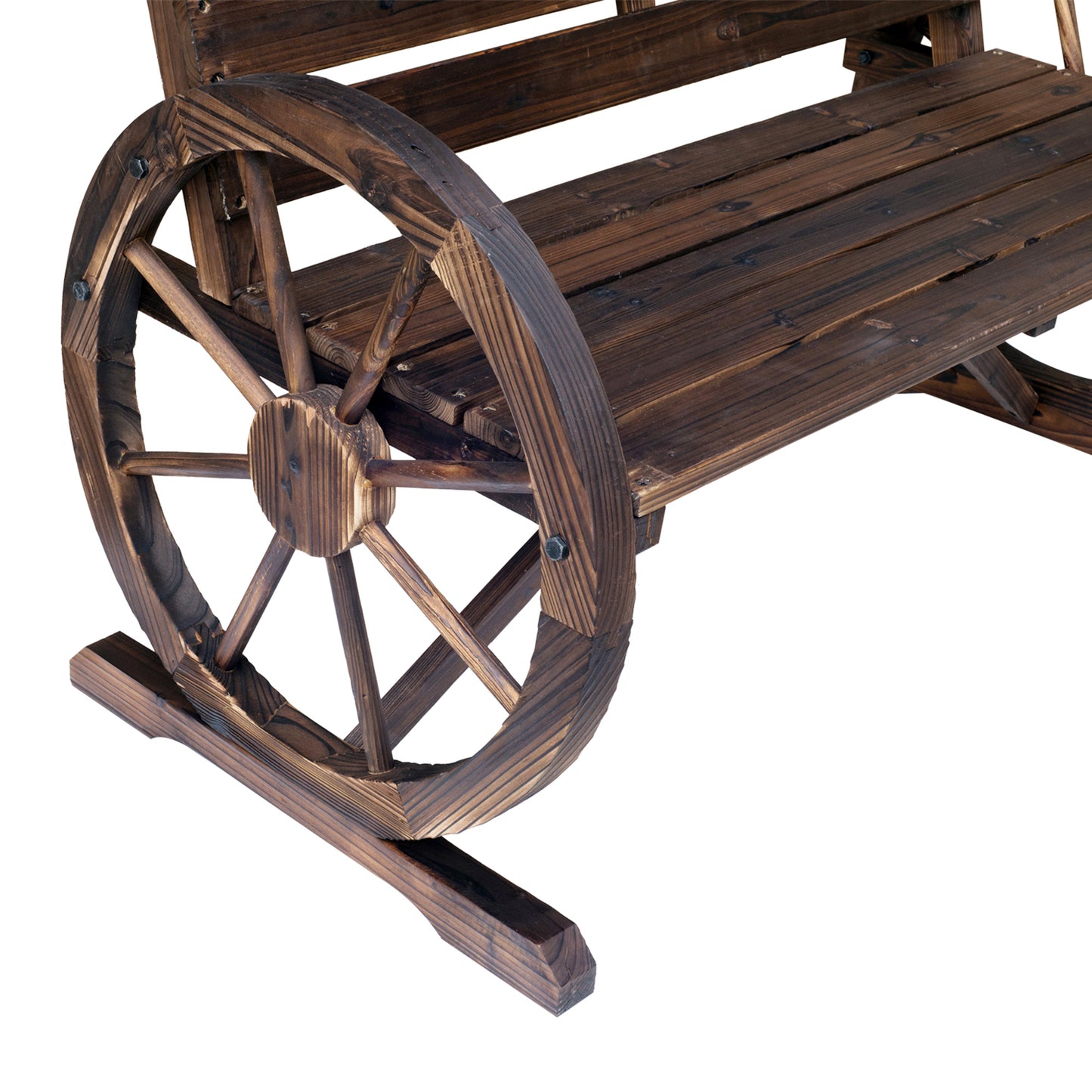2 Seater Garden Bench with Wooden Cart Wagon Wheel Rustic High Back