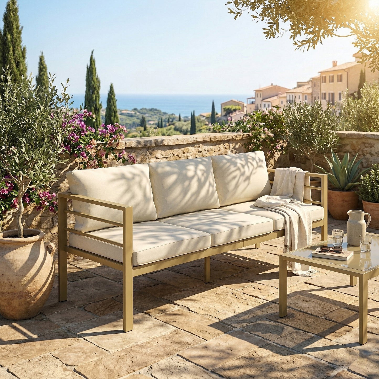 Garden Bench with Cushions, 3-Seater Sofa with Backrest
