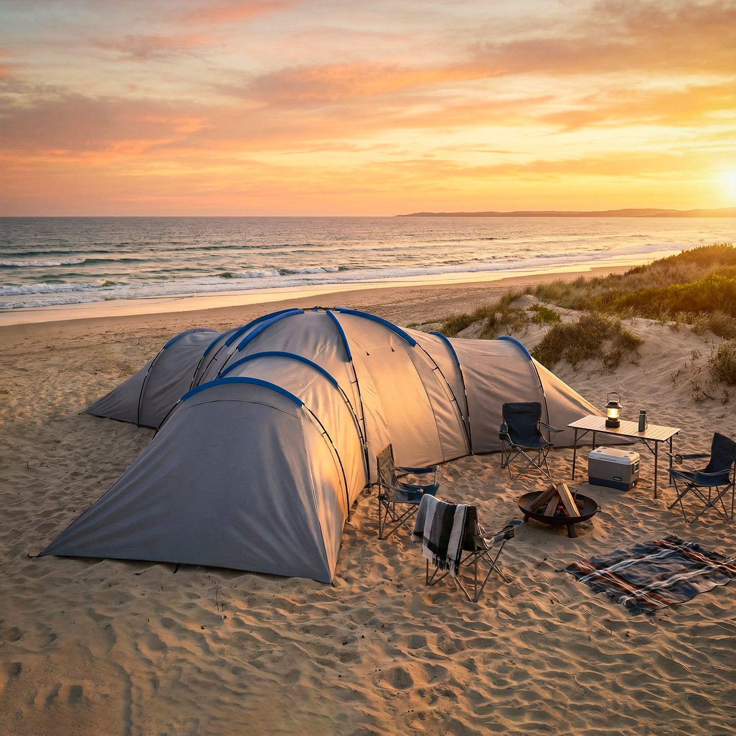 6-9 Man Large Tunnel Tent with 3 Bedrooms, Living Area and Porch