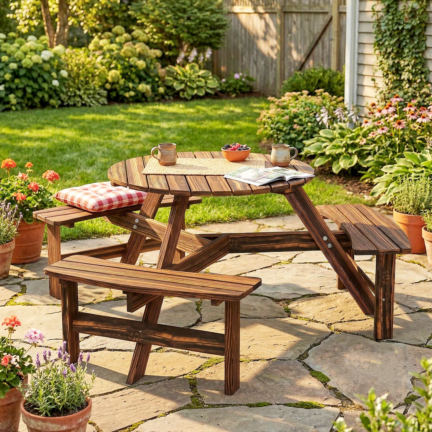 Wooden Garden Dining Set, 6 Seater Round Dining Picnic Table (2)