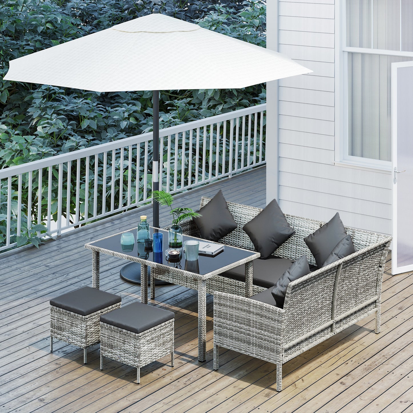 tsunny 6-Seater Rattan Dining Set Sofa Table Footstool Outdoor w/
