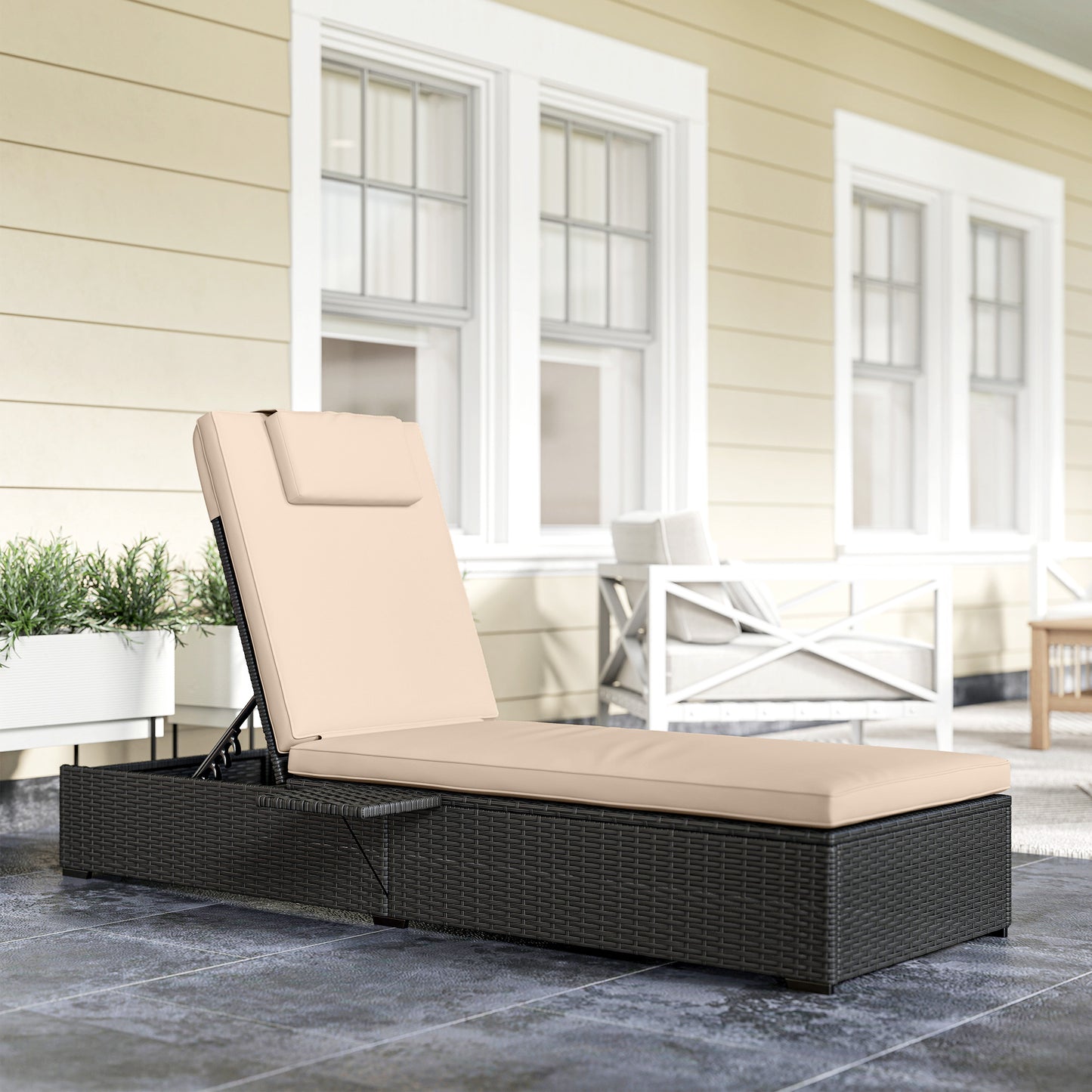 Rattan Sun Lounger with 5-Level Reclining Back Side Tray and Cushion