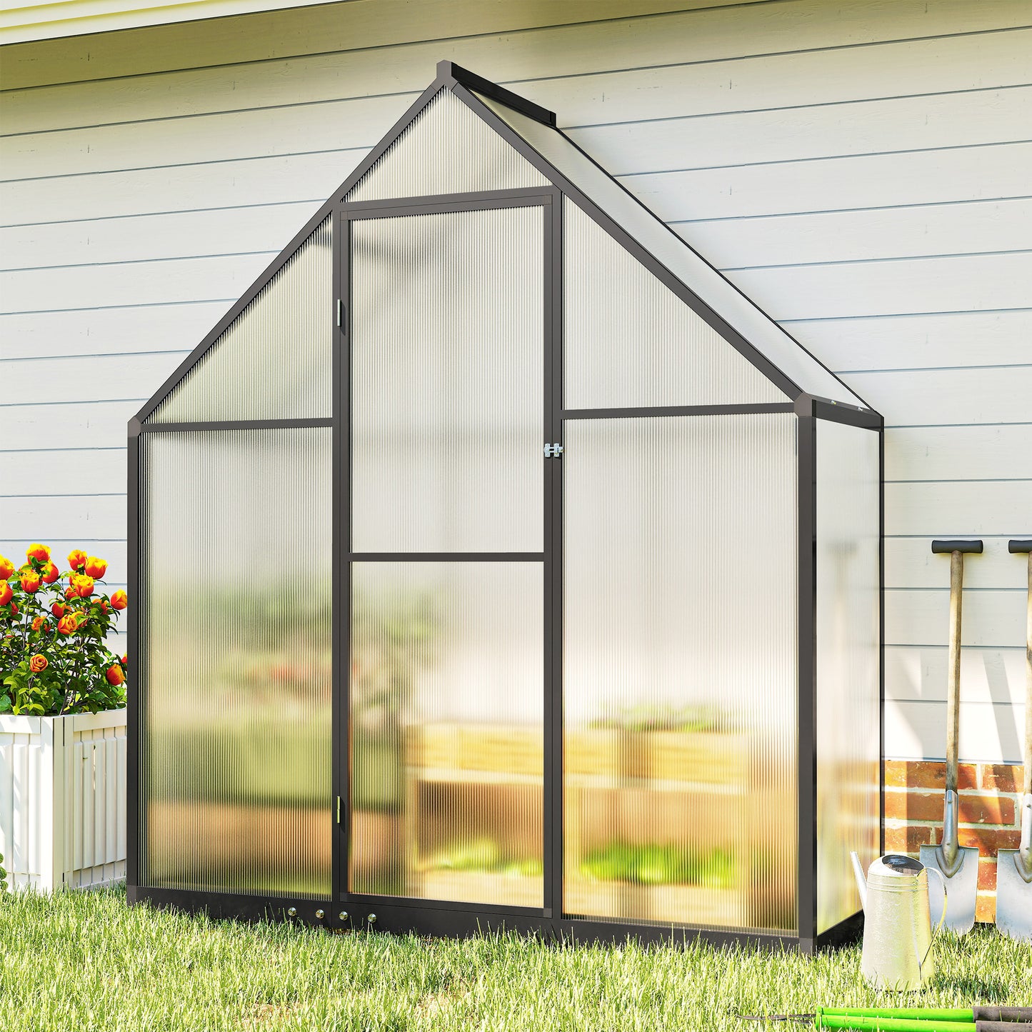Polycarbonate Greenhouse with Swing Door and Adjustable Window (1)