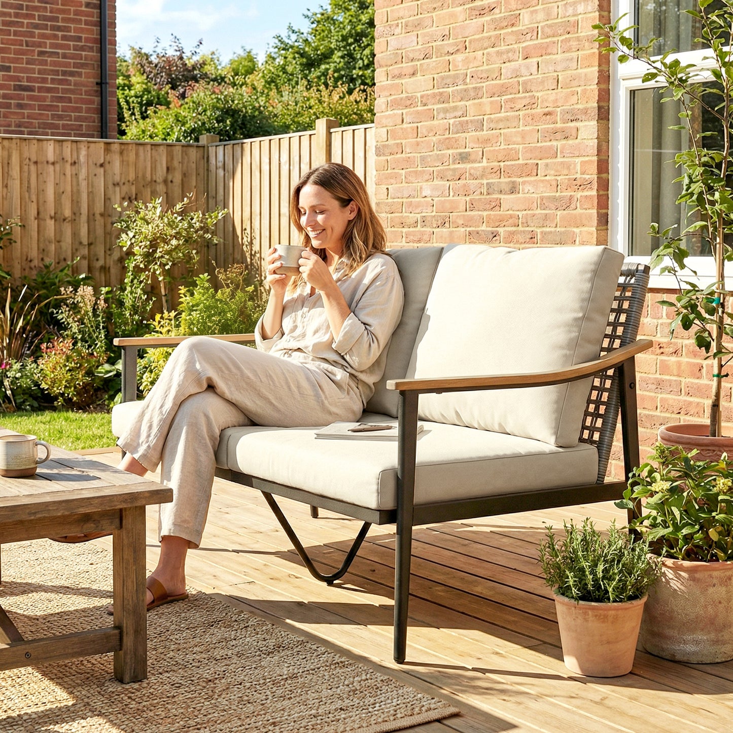 2 Seater Rattan Sofa, Outdoor Garden Sofa with Wood-Effect Armrests