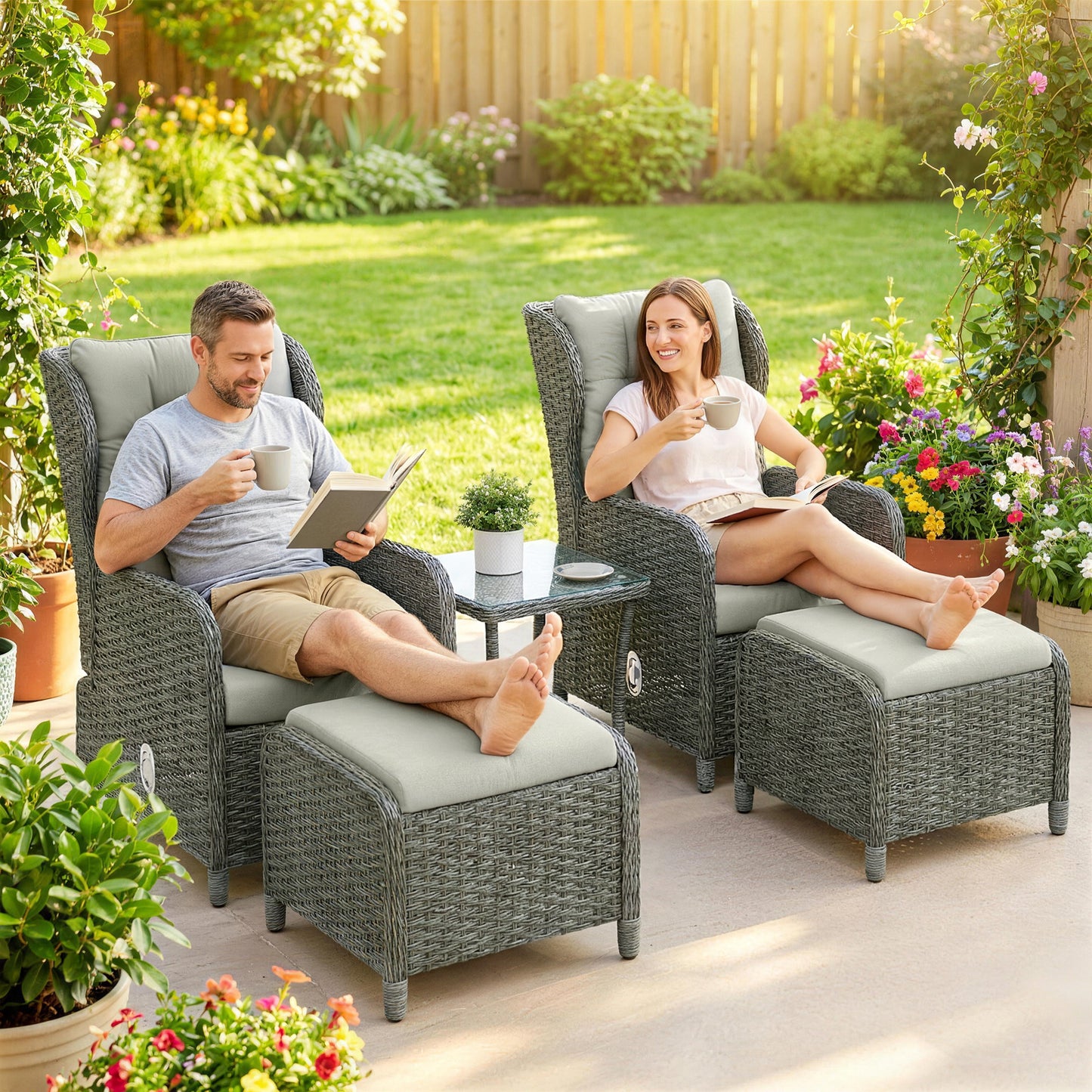 Rattan Reclining Garden Chair Set of 2 with Footstool and Cushion
