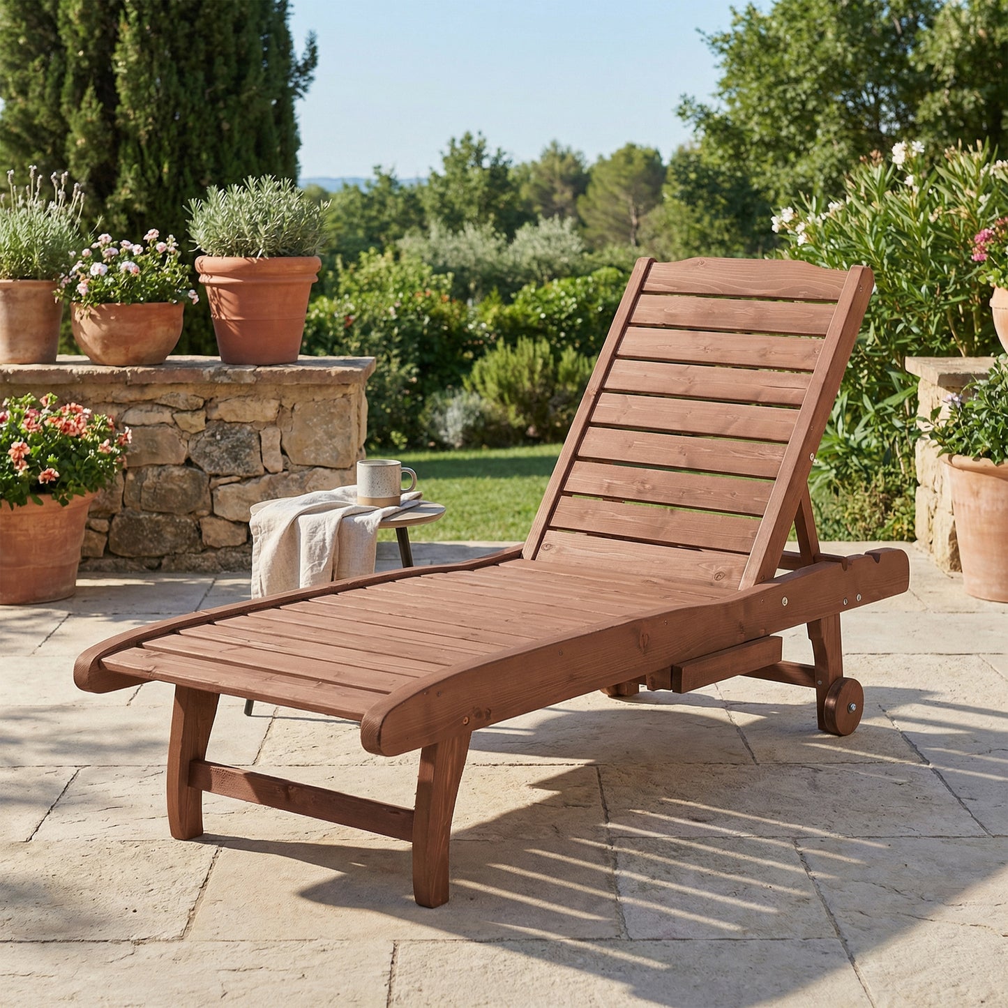 Outdoor Wooden Lounger Chair, Sun Bed with Built-In Table