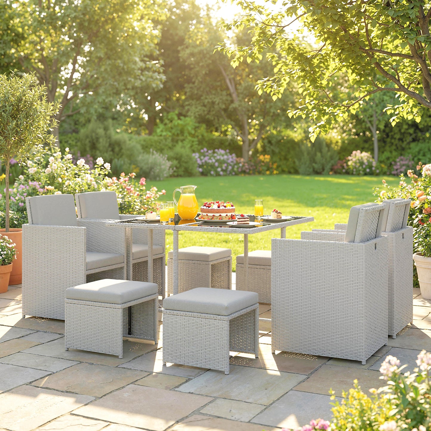 9 Piece Rattan Cube Garden Furniture Dining Set with Armchairs