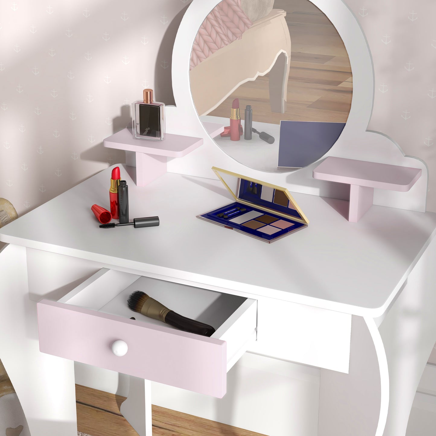 Wooden Kids Bedroom Furniture Set with Kids Dressing Table, Stool