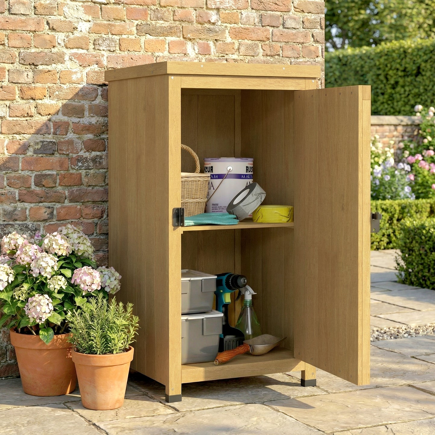 Wooden Garden Shed, Garden Tool Storage Shed with Metal Top and Shelf