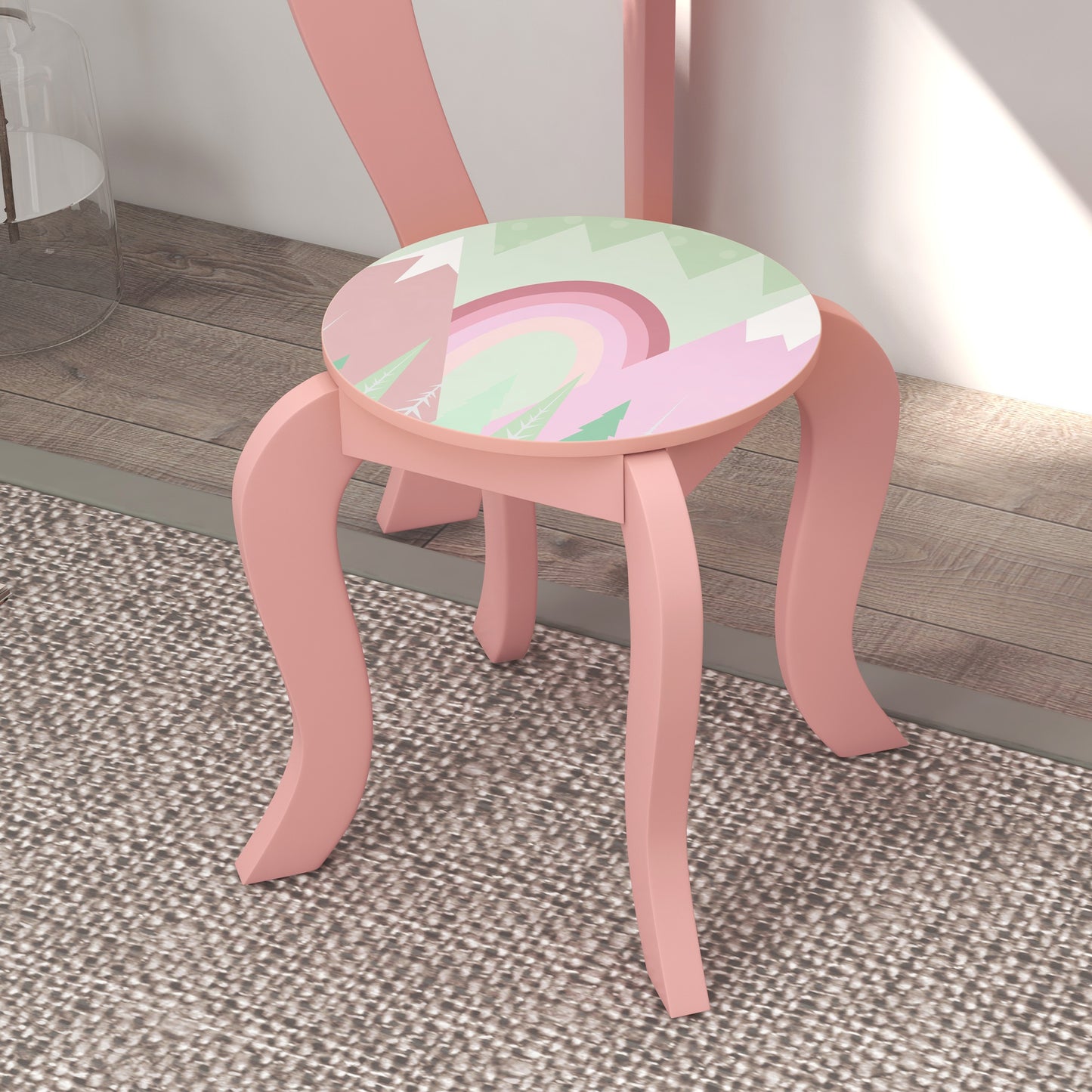 Toddler Bed Frame, Kids Dressing Table with Mirror and Stool