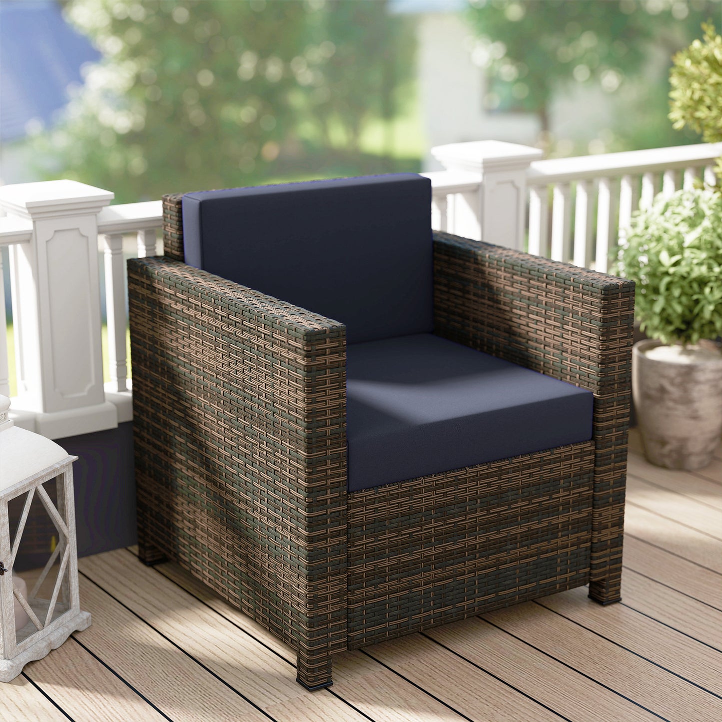 PE Rattan Garden Armchair with Cushion - Mixed Brown/Navy