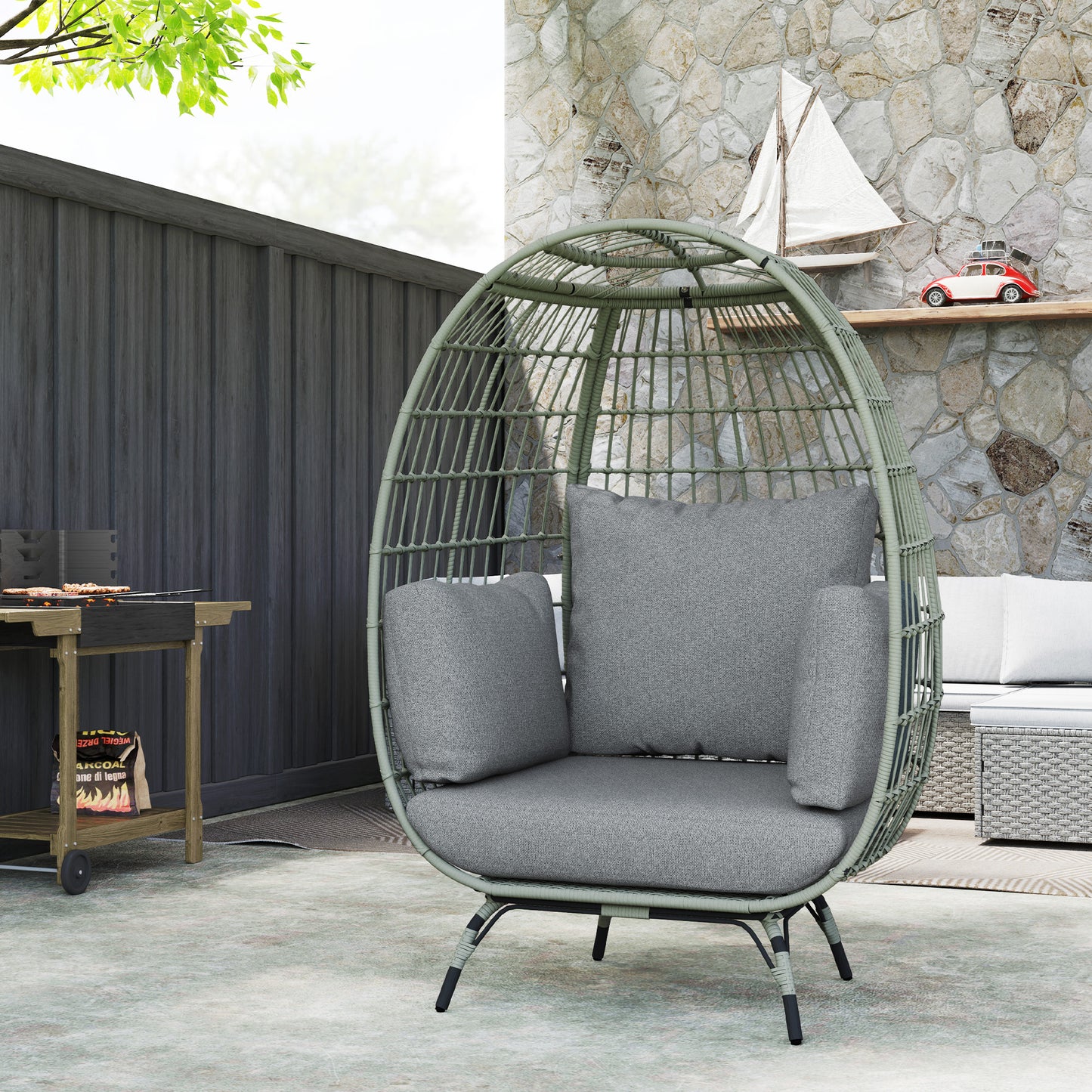 Rattan Egg Chair with Cushions and Pillows