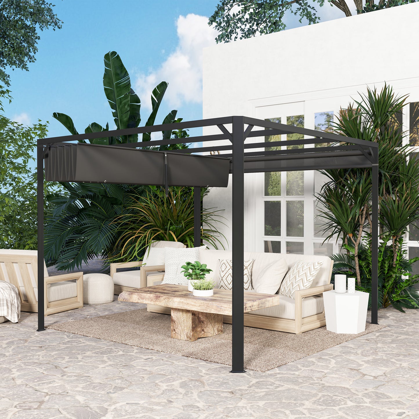 3 x 3m Aluminium Pergola, with Retractable Roof and Wall