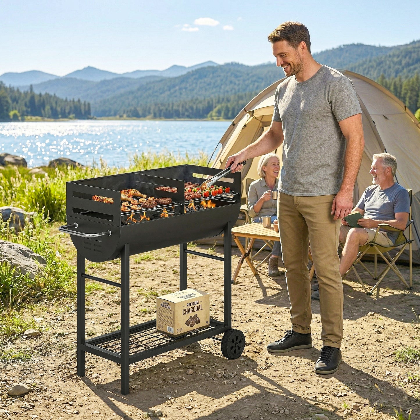 Charcoal Barbecue Grill with 2 Cooking Areas