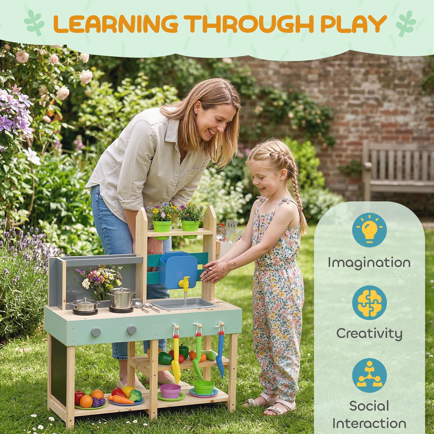 Mud Kitchen with Working Faucet, Kids Play Kitchen with Flower Pots