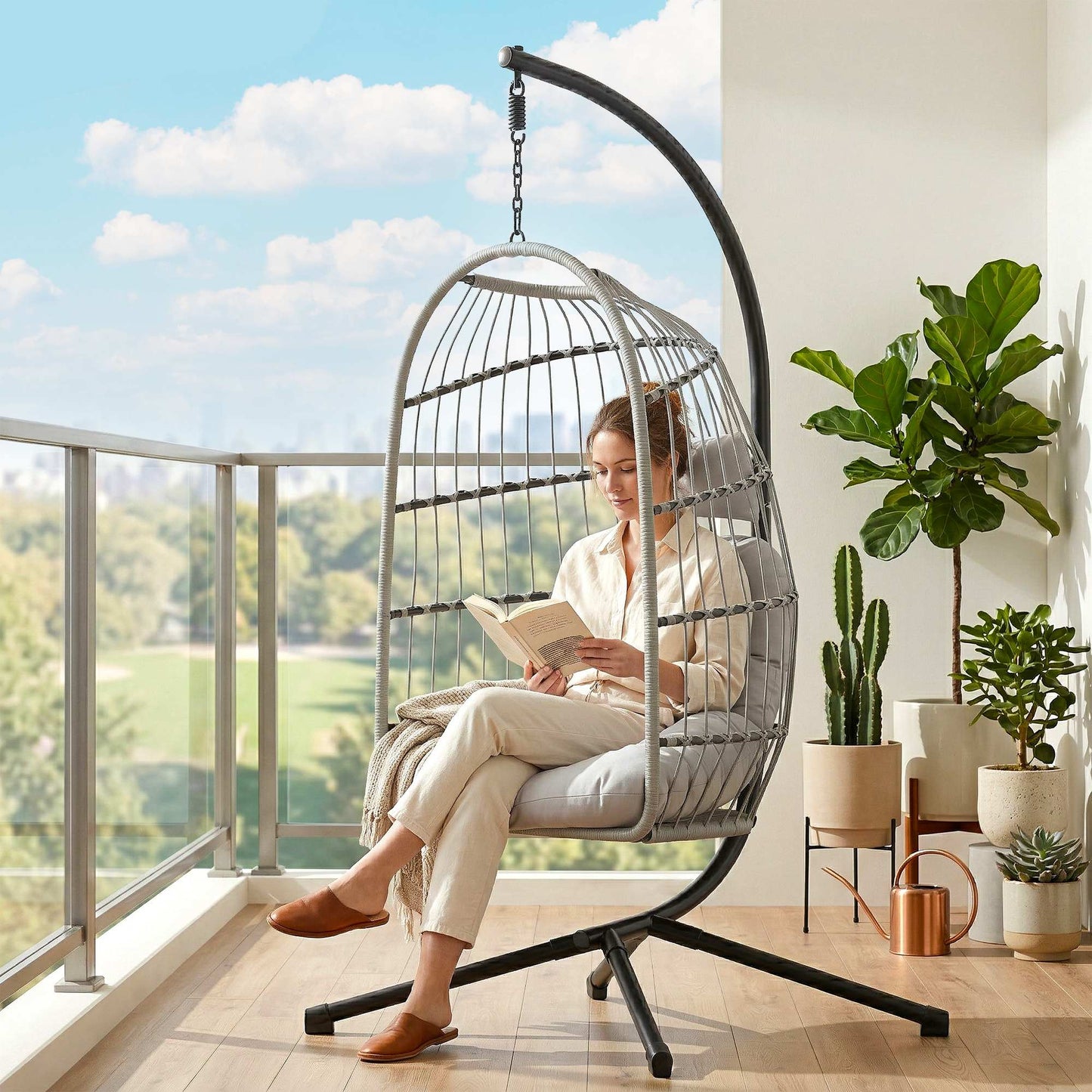 Hanging Egg Chair, Indoor Outdoor Hammock Swing Chair with Stand (2)