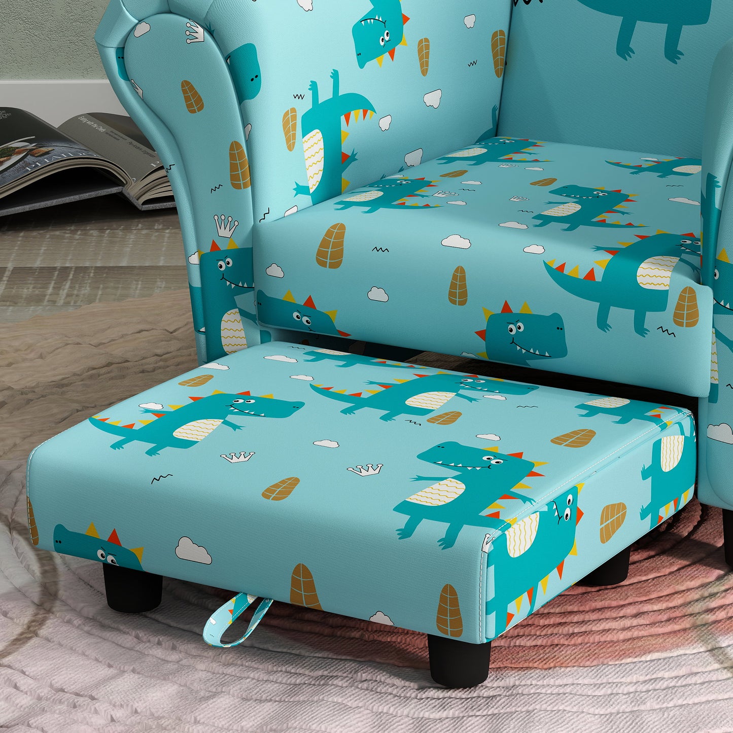 2 Piece Kids Sofa Set with Dinosaur Design, Wooden Frame