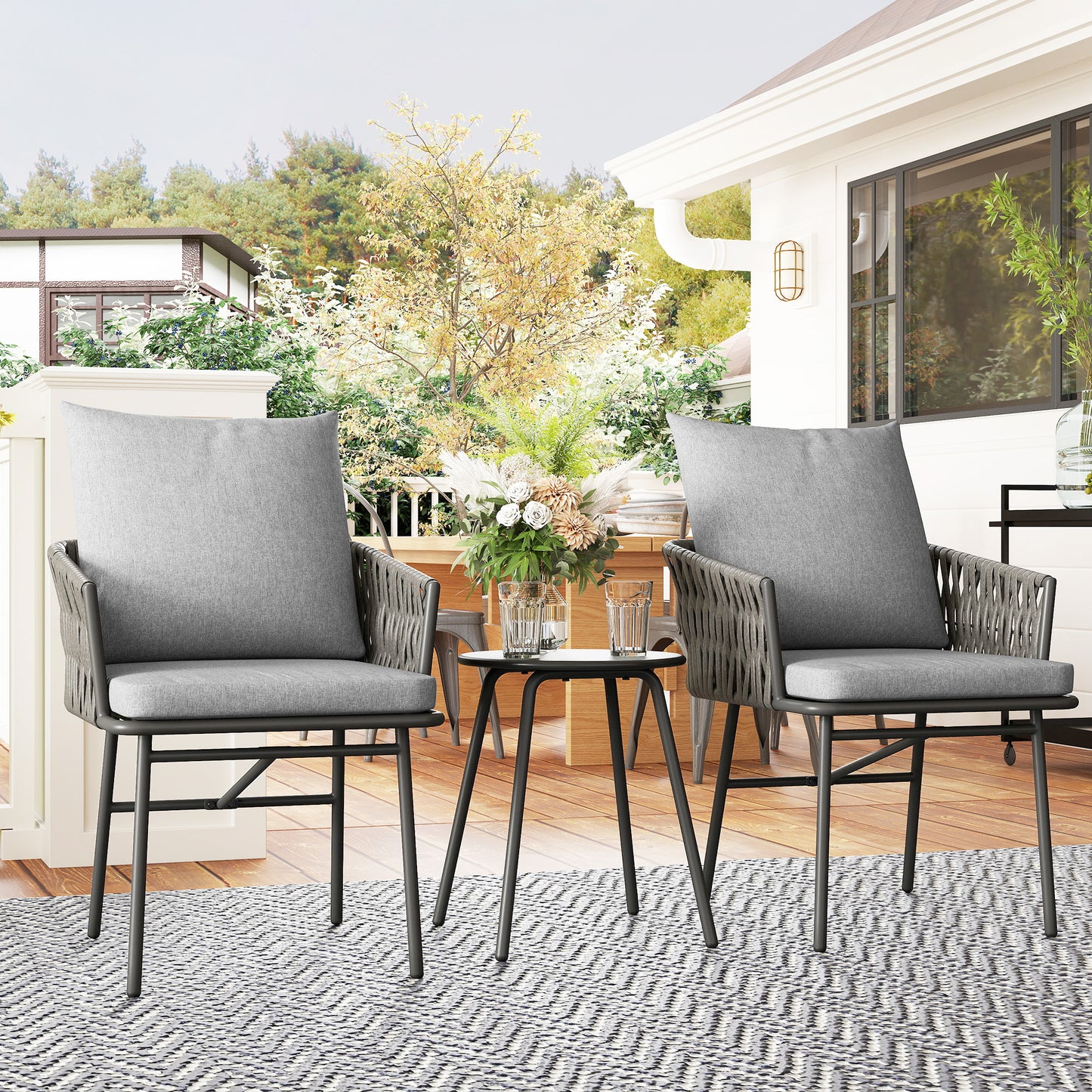3-Piece Rattan Bistro Set, Garden Table and Chairs with 4 Cushions