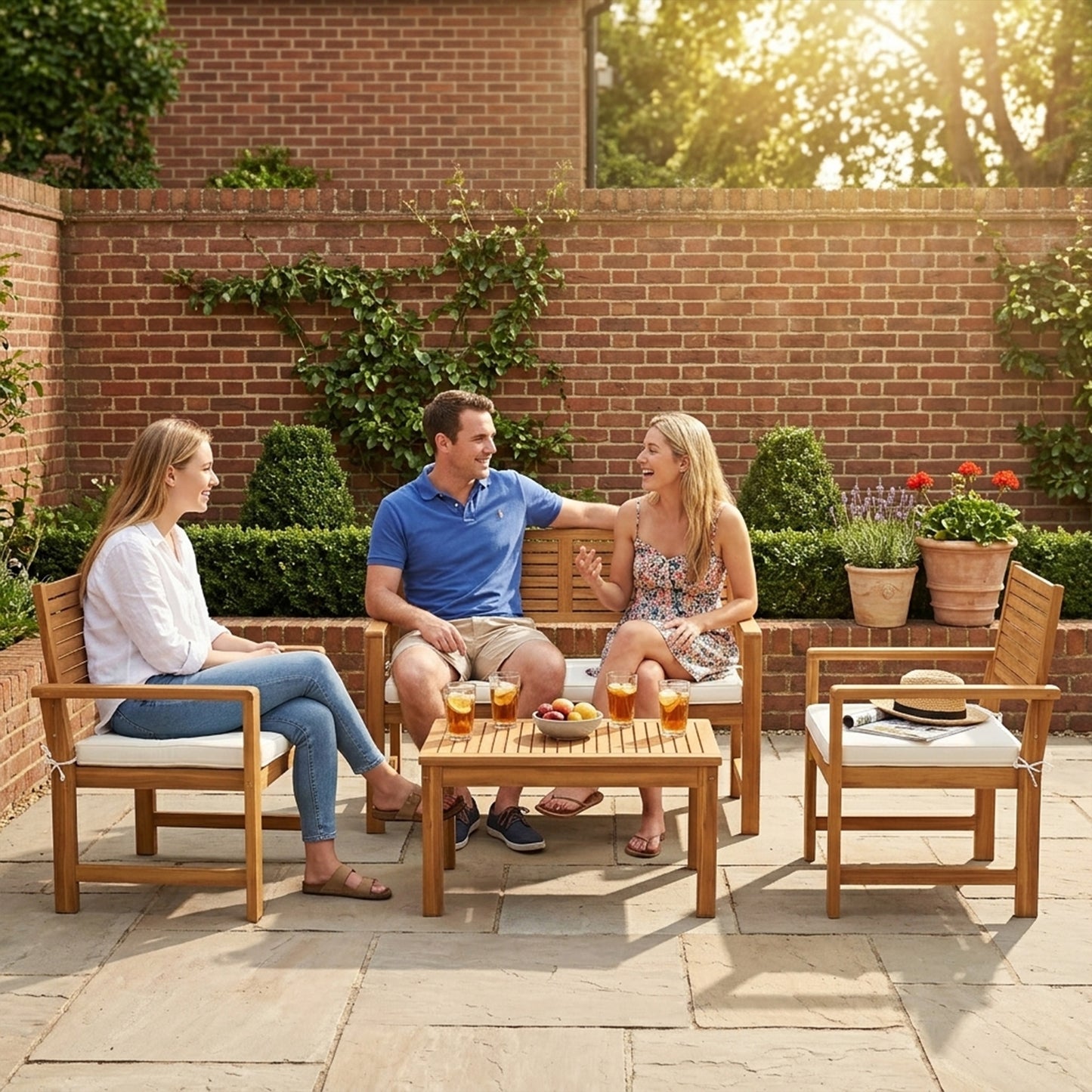 4 Seater Wooden Garden Furniture Set with Loveseat, Armchairs, Table