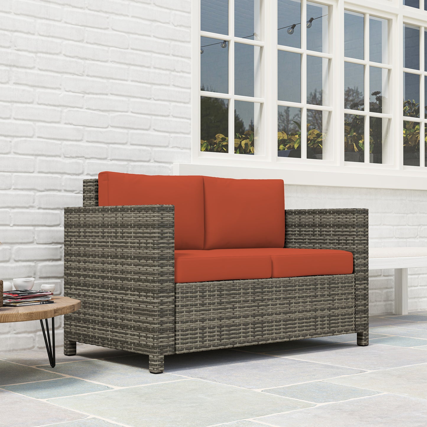Rattan Sofa, 2 Seater Garden Furniture with Soft Padded Cushion (1)