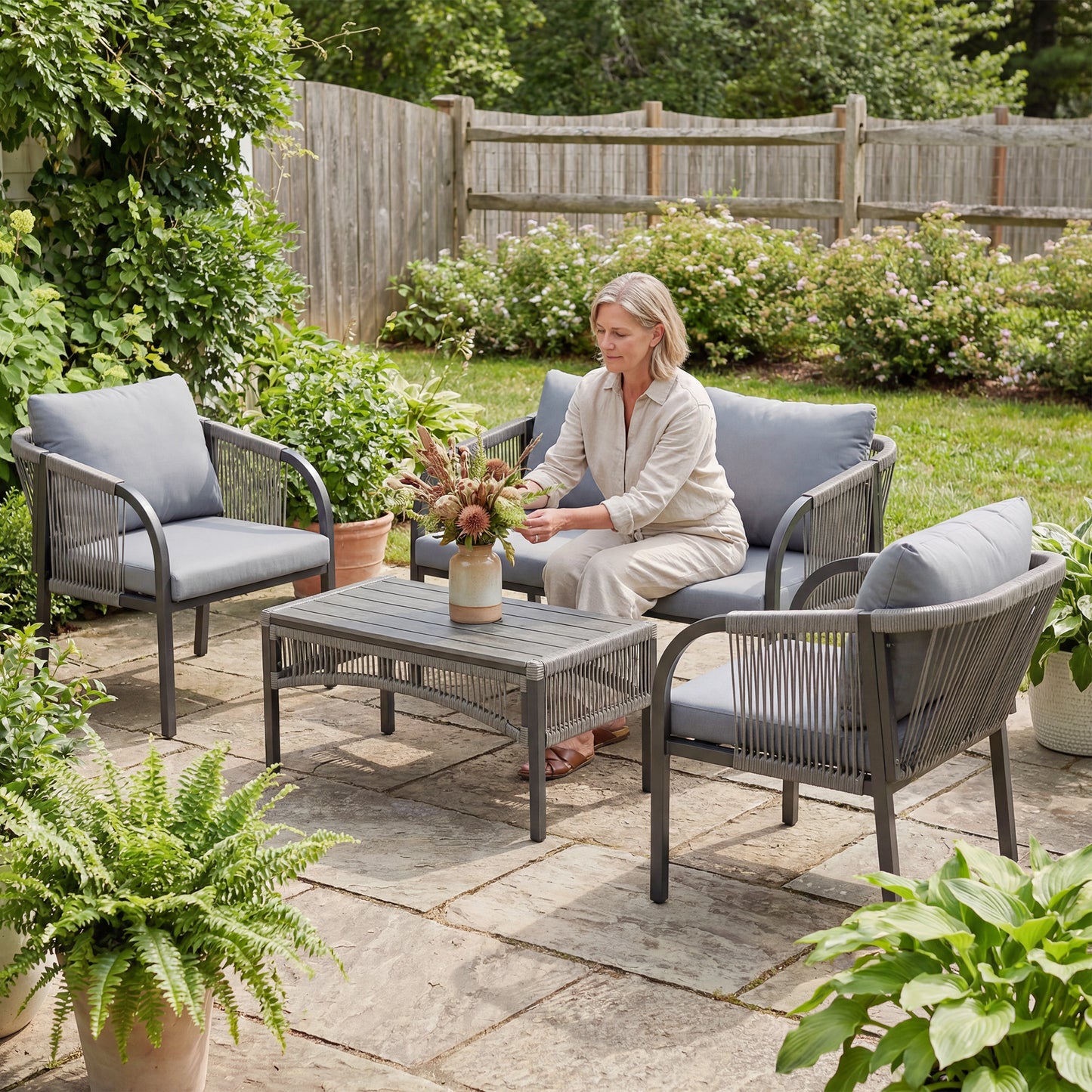 4 Piece Rattan Garden Furniture Set with Loveseat, Armchairs, Table