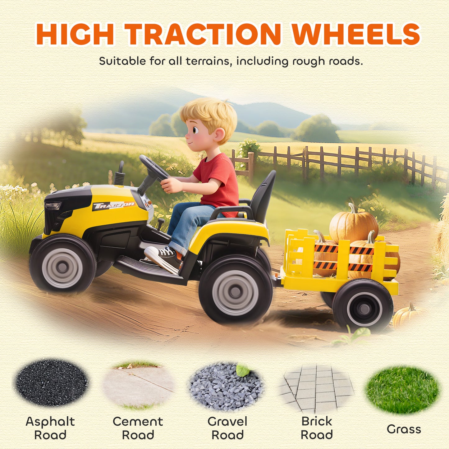 12V Ride on Tractor and Trailer with Remote Control, Music, Shifter
