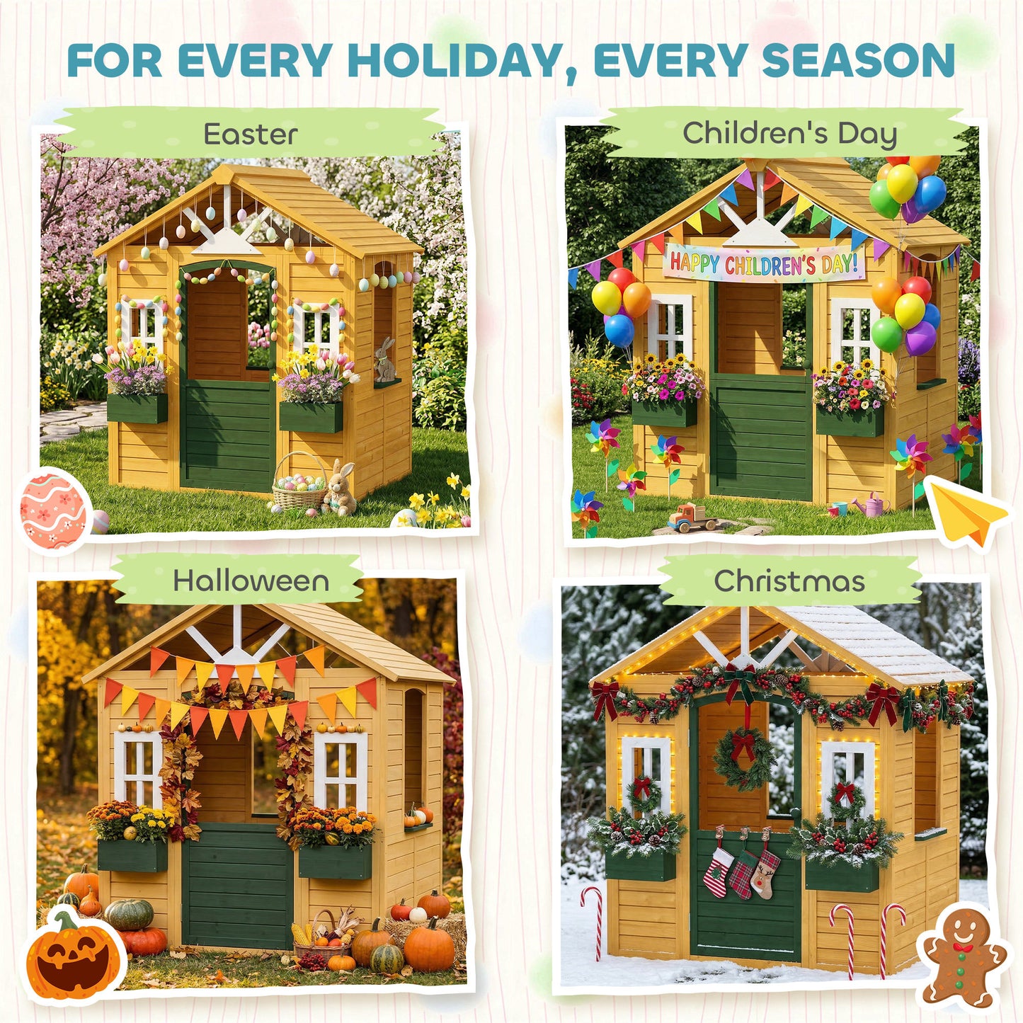 Outdoor Kids Playhouse, Wooden Wendy House with Door, 3 Windows