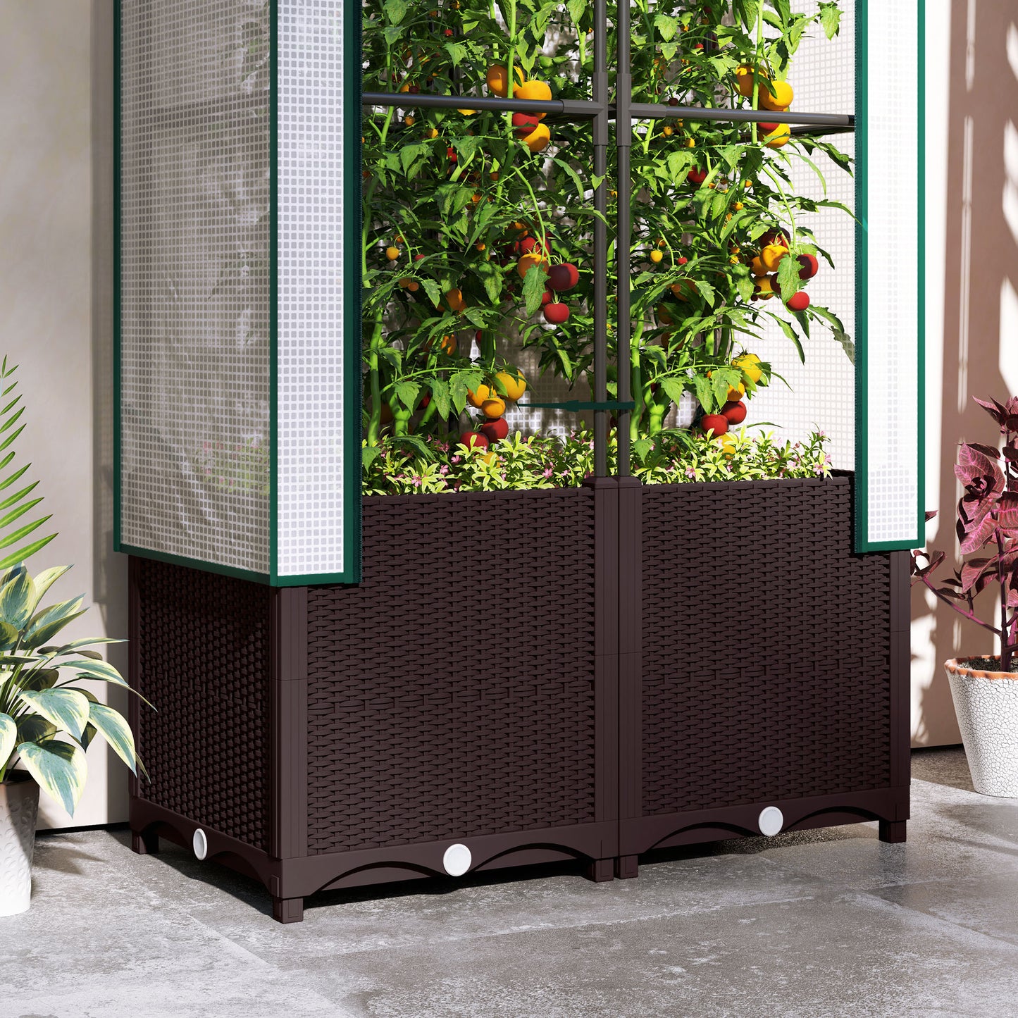 Raised Garden Bed with Trellis, Plastic Planter Box with PE Cover