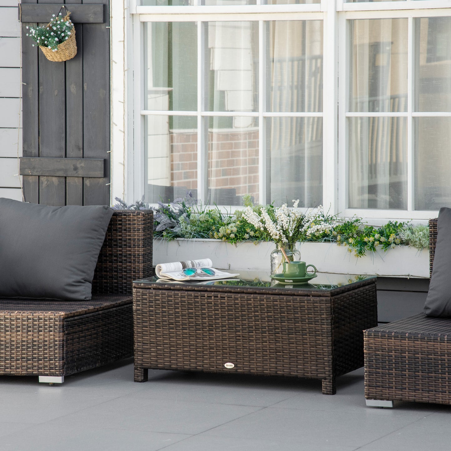 PE Rattan Garden Coffee Table with Glass Table Top